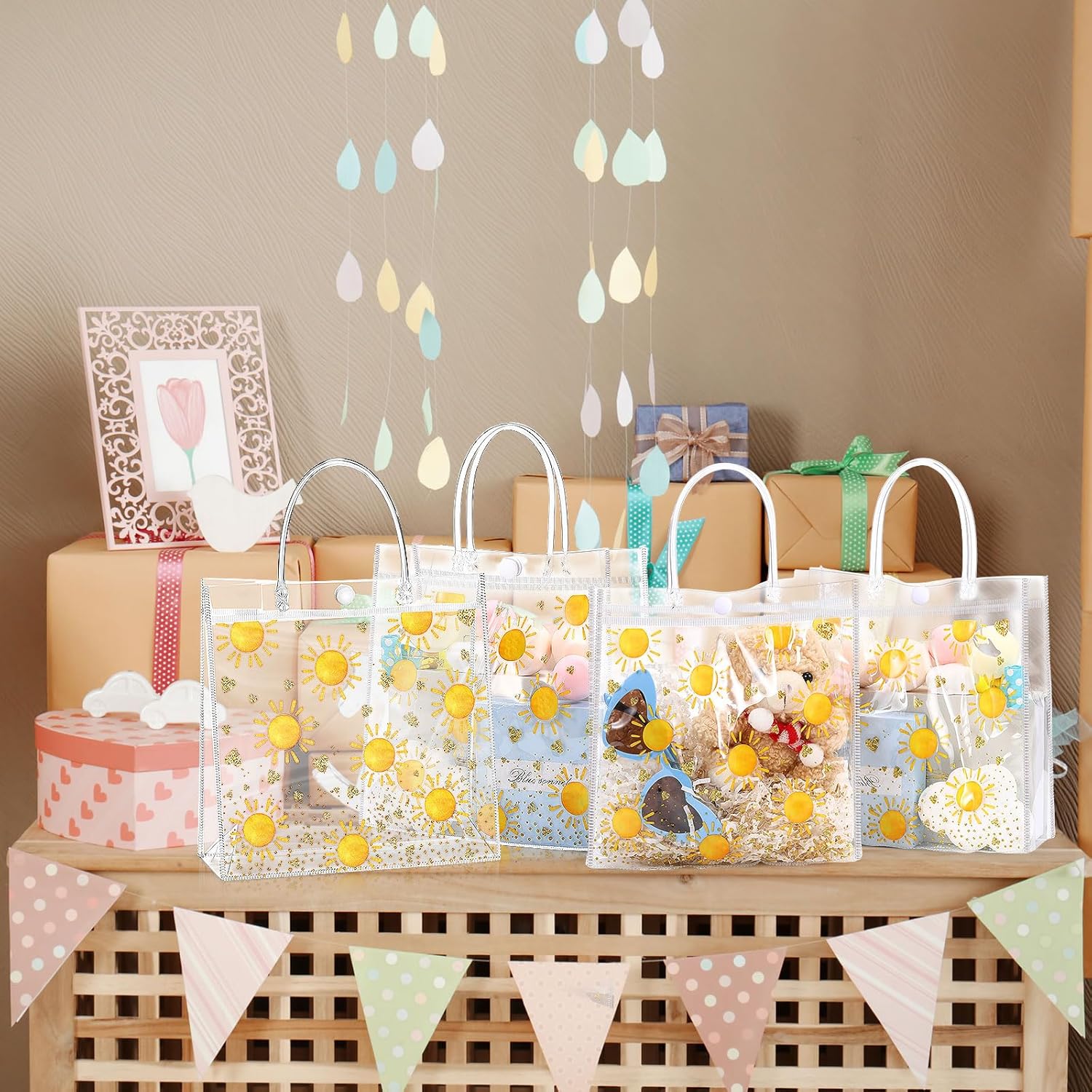 Hosuly 24 Pcs Boho Sun Clear Gift Bags with Handles