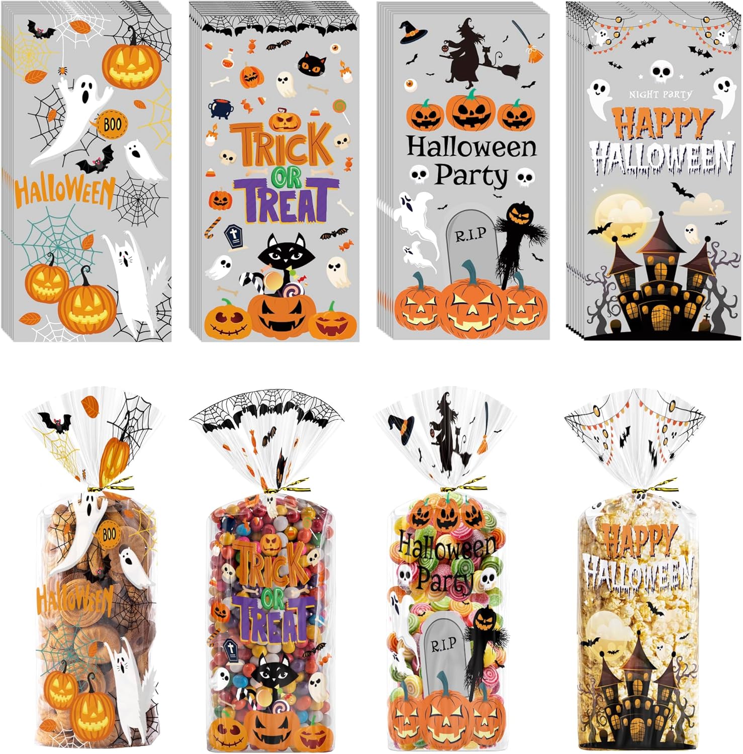 Halloween Treat Bags 120 PCS - Spooky Cellophane Goodie Bags for Kids