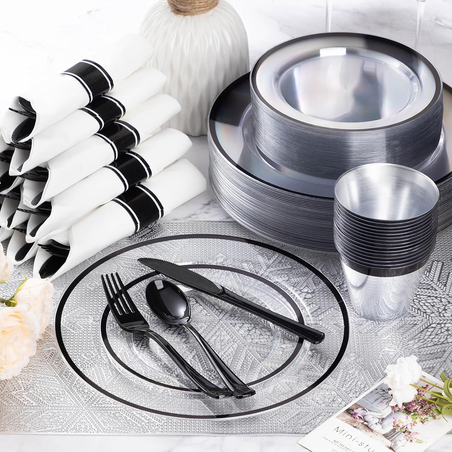 Goodluck 350 Piece Black Plastic Dinnerware Set for 50 Guests
