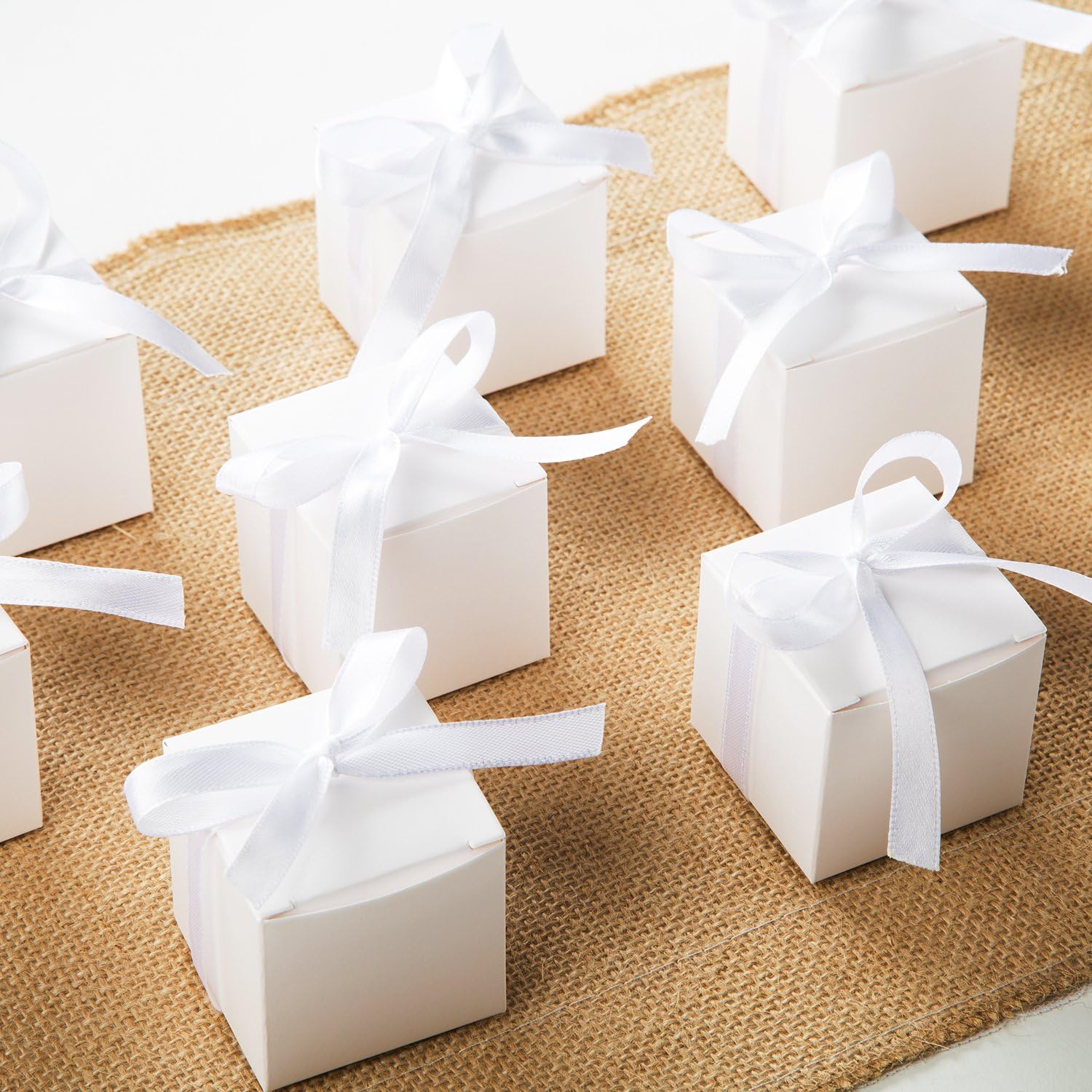 AWELL White Candy Box with Ribbon Party Favor Pack of 50