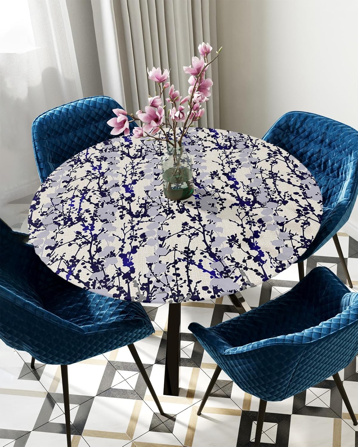 Gradient Branches Round Waterproof Table Cover Fitted Tablecloth