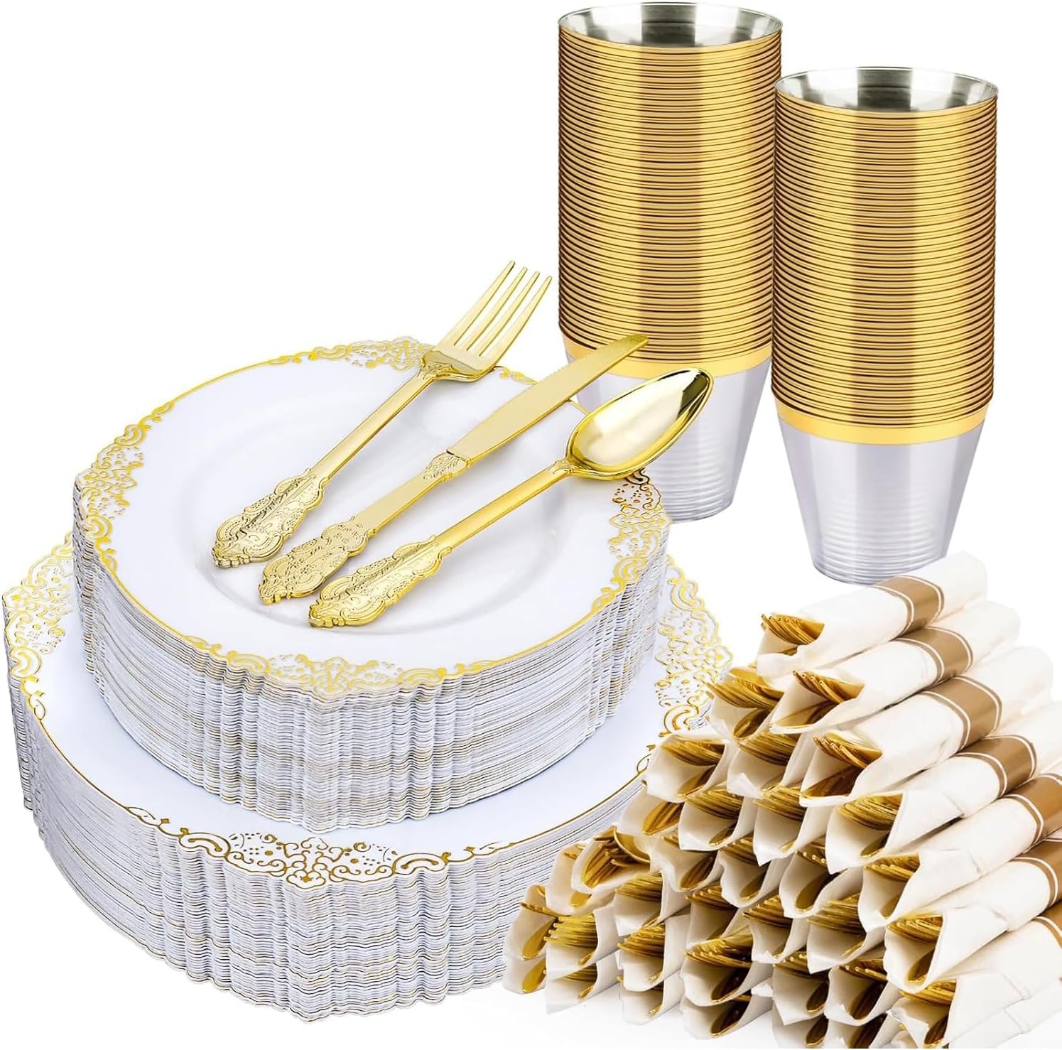 350 PCS White Gold Plastic Plates for 50 Guests