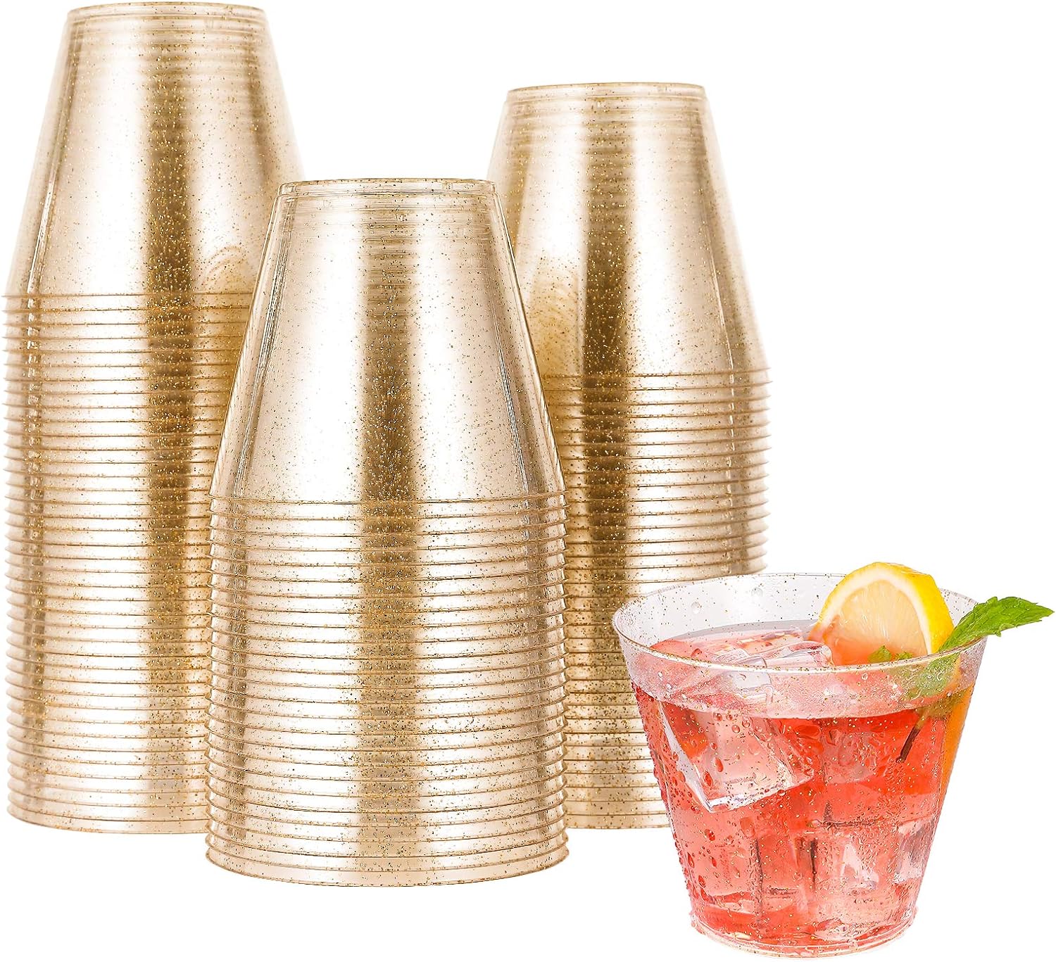 JOLLY CHEF 100 Pack 9 oz Gold Glitter Plastic Cups