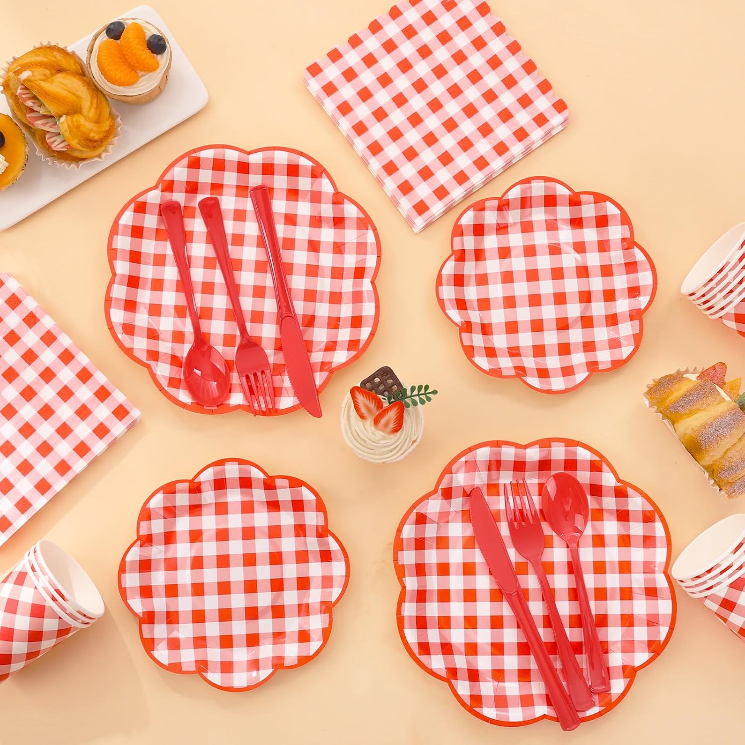 175 Pcs Red Gingham Plates Napkins Party Supplies Set