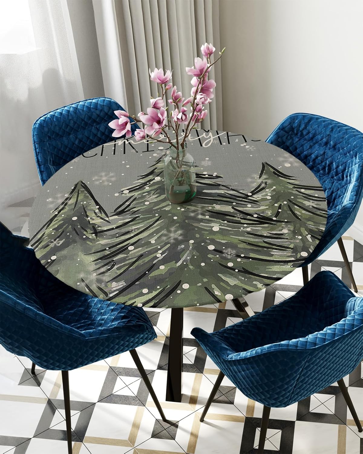 Snowy Christmas Round Waterproof Table Cover Fitted Elastic Tablecloth