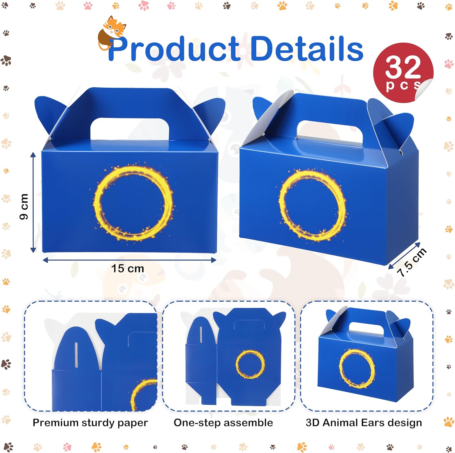 32 Pcs Dark Blue Hedgehog Party Favor Boxes with Handles