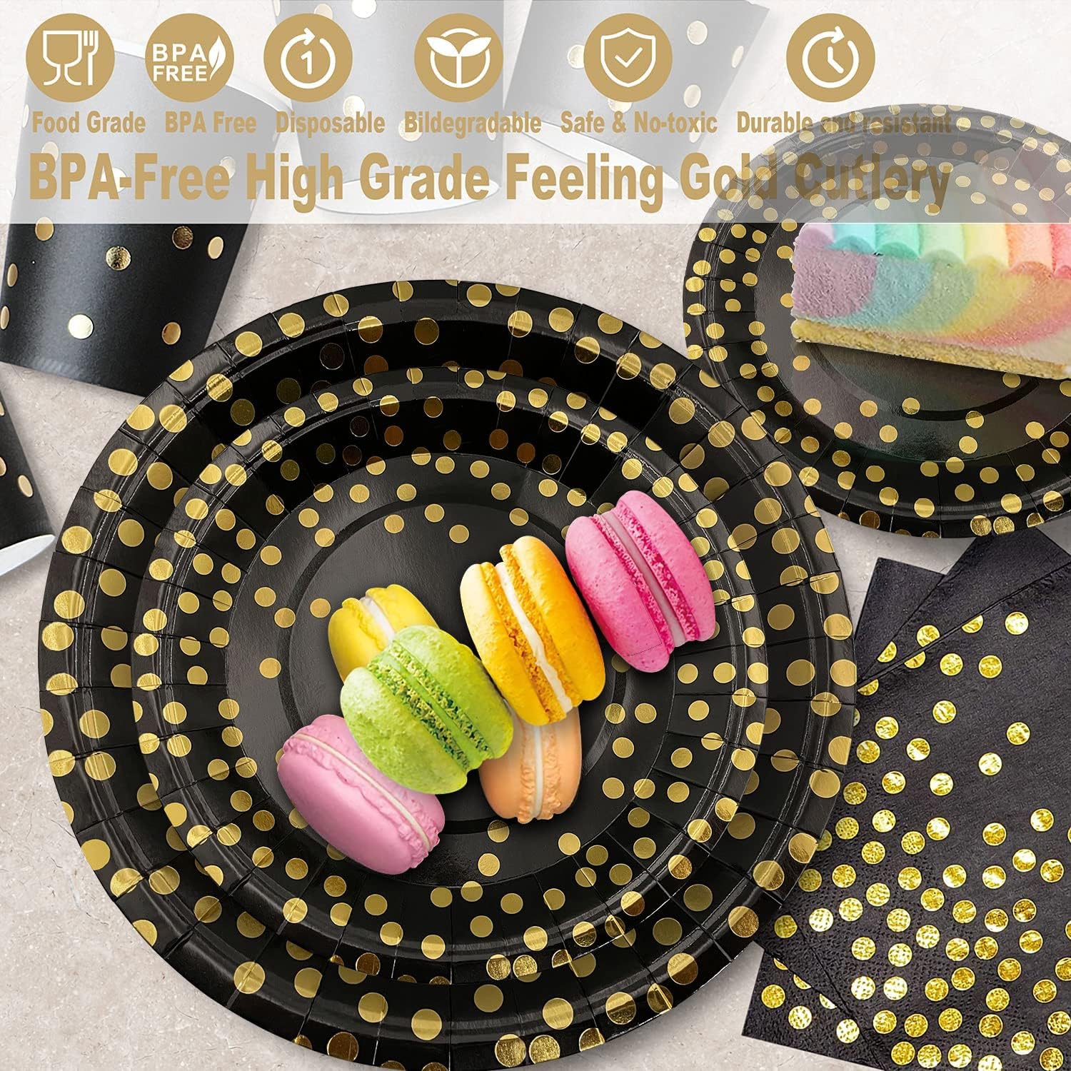 AIRE Black and Gold Paper Plates for 25 Guests Party Set