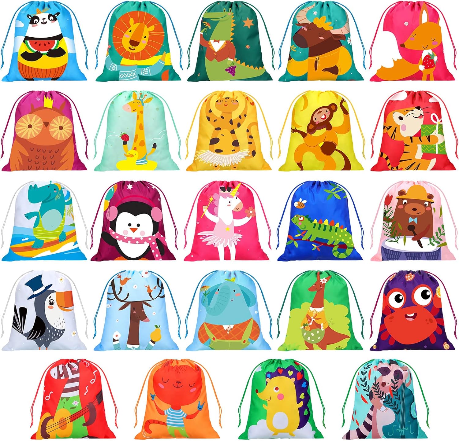 WILLBOND 24 Pack Safari Animal Drawstring Gift Bags for Kids
