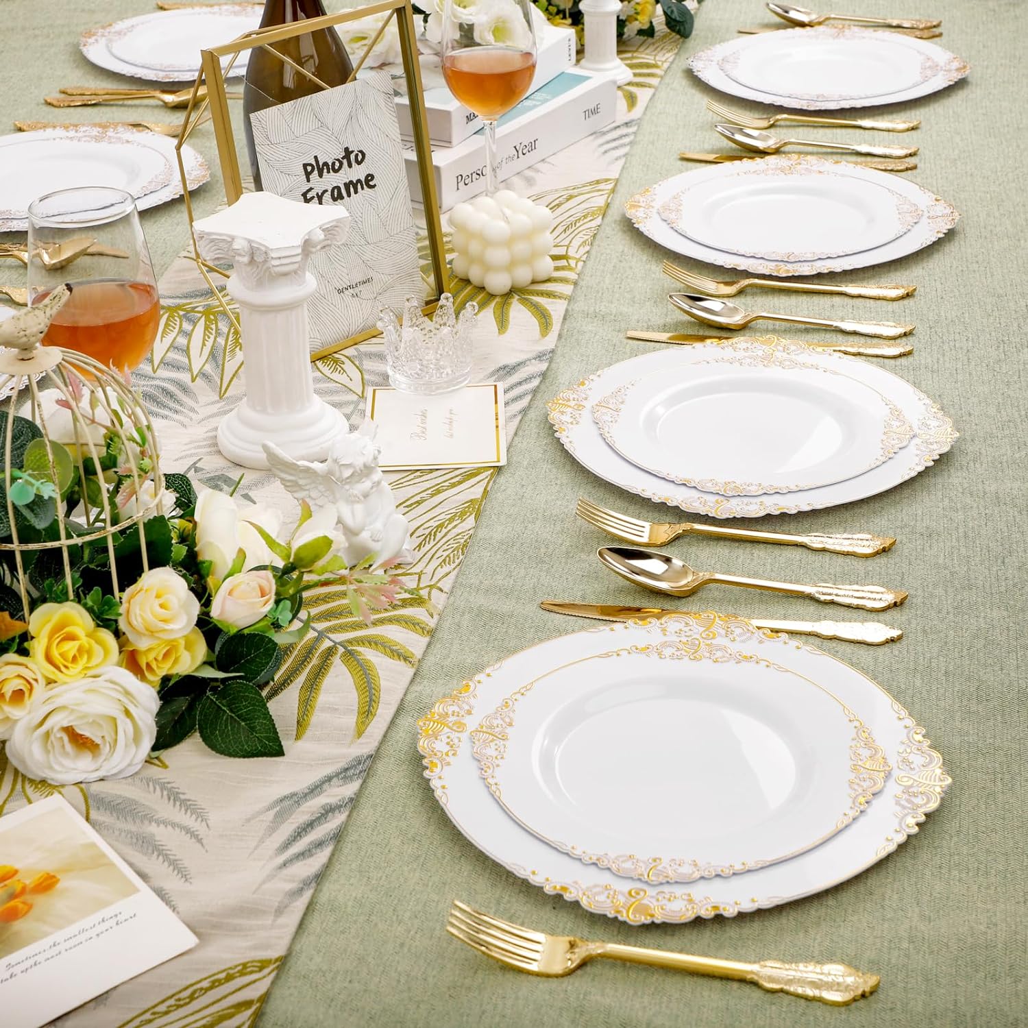 102PCS White and Gold Plastic Plates for Weddings Parties