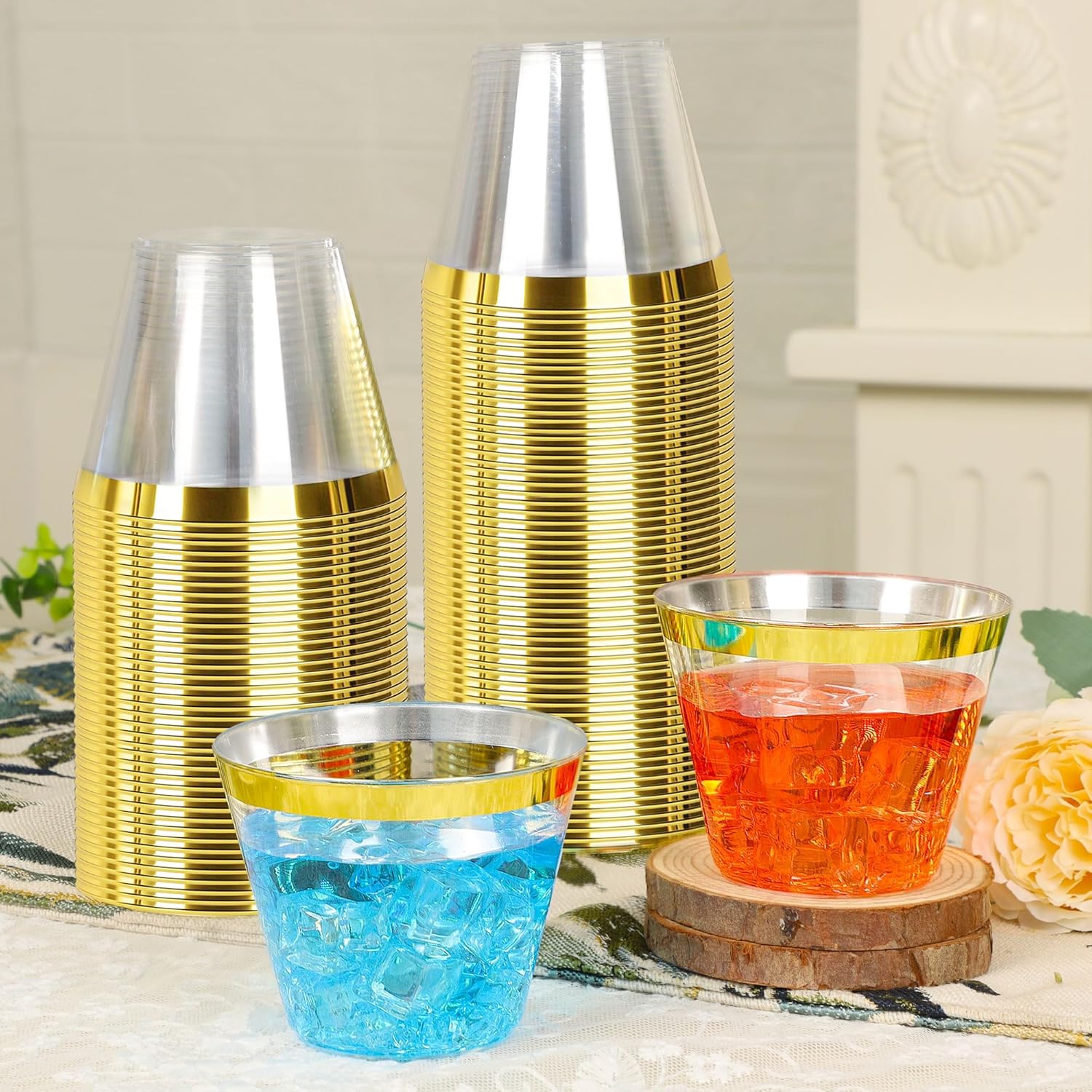 Zcaukya 100pcs 9oz Gold Rim Plastic Cups