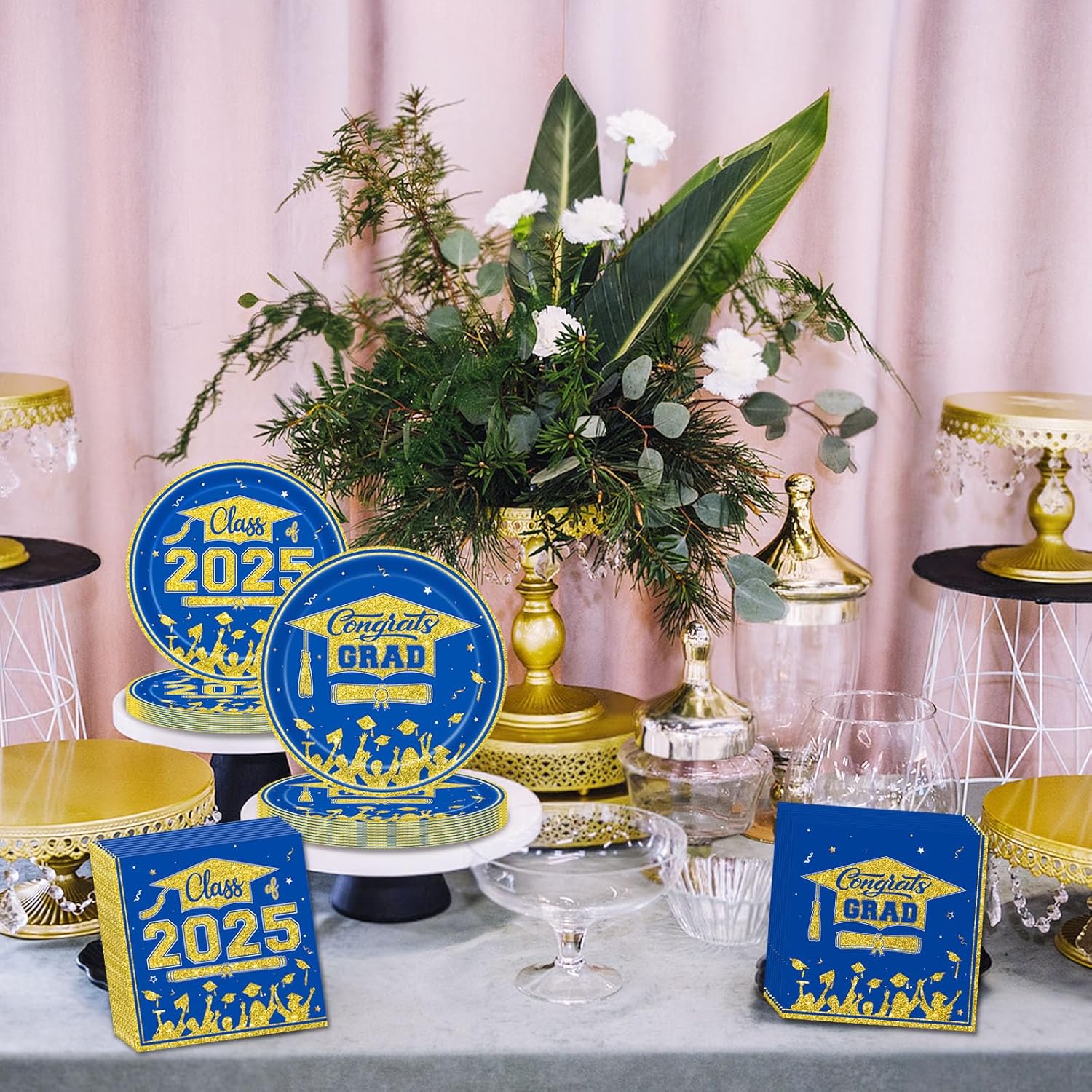 Veramz 150 Pcs Graduation Party Plates Napkins Set Blue Gold