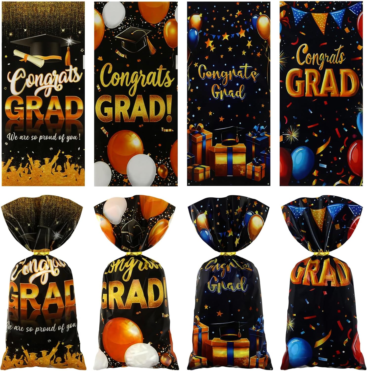 Graduation Cellophane Treat Bags 100pcs Black Gold Congrats Gift Bags
