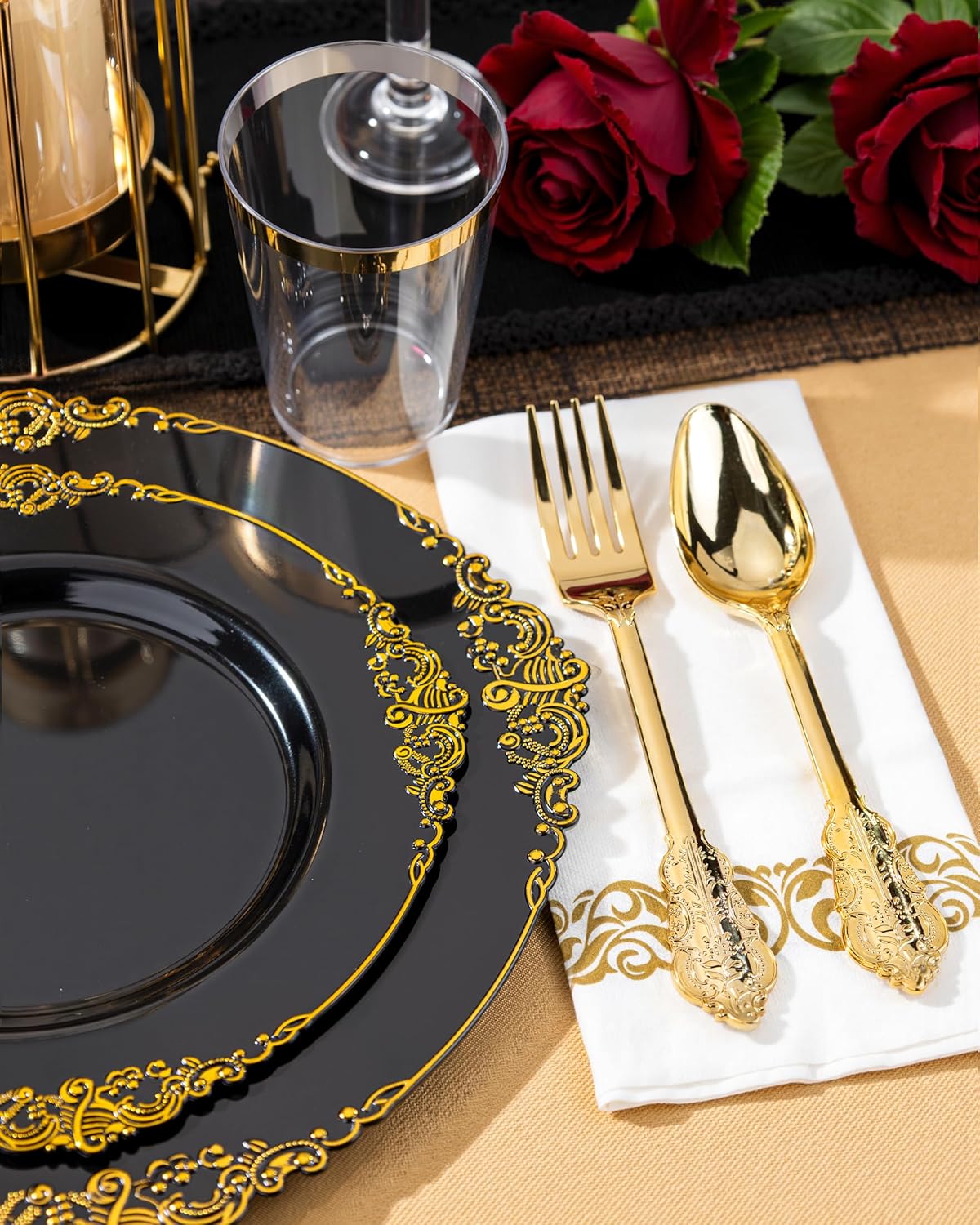 Nervure 350PCS Black Plastic Plates Set for 50 Guests