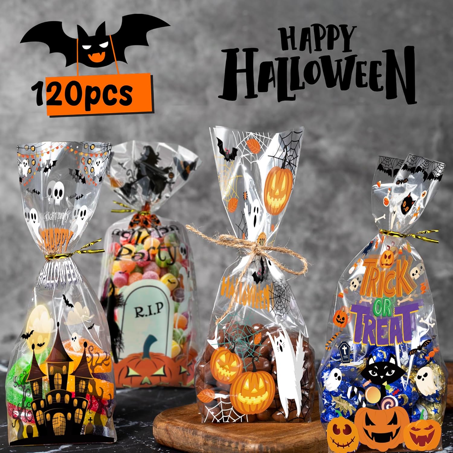 Halloween Treat Bags 120 PCS - Spooky Cellophane Goodie Bags for Kids