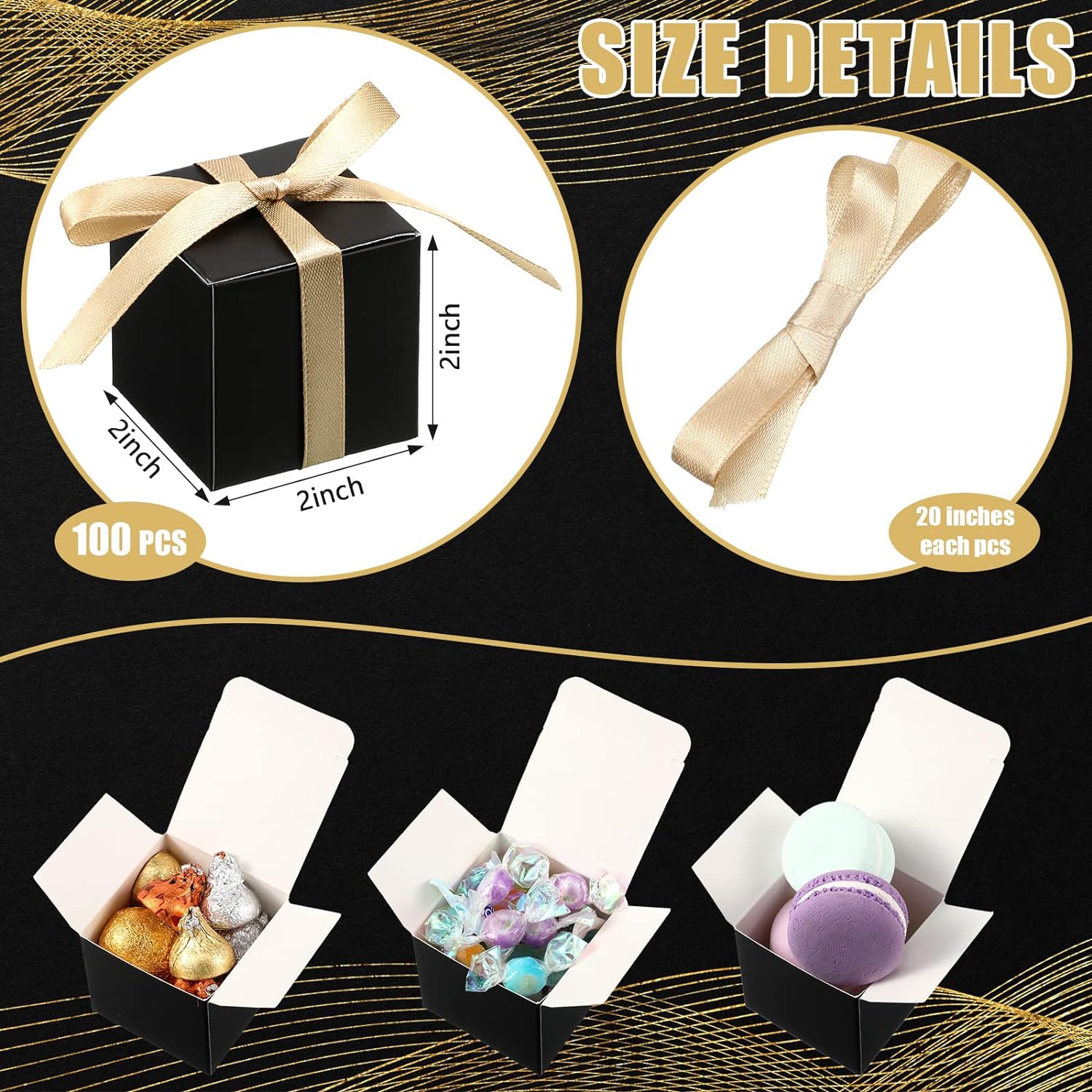 Jutom 100 Pcs Mini Favor Boxes Black Gold Ribbon Gift Wrapping