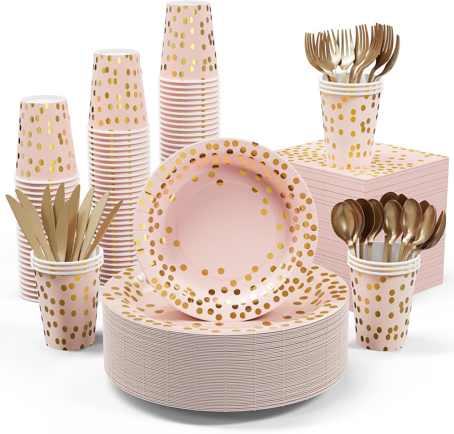 Pink and Gold Party Supplies - 350 PCS Disposable Dinnerware Set