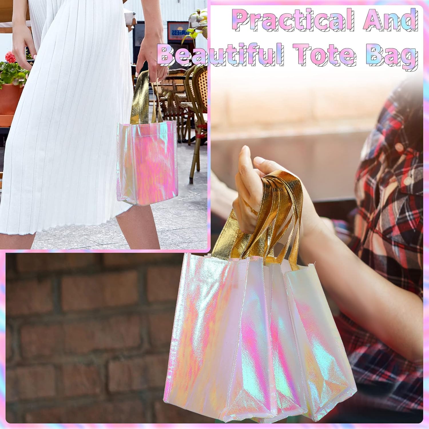Jutom 20 Pack Iridescent Gift Bags Reusable Party Tote With Handles