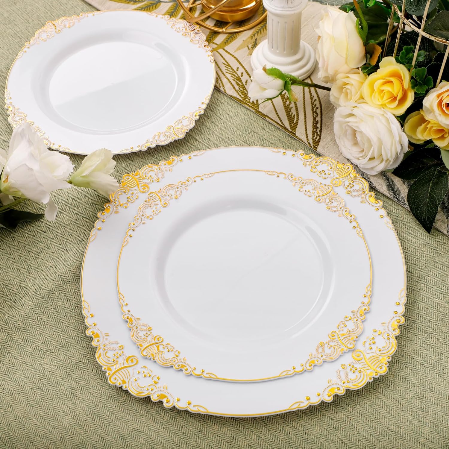 102PCS White and Gold Plastic Plates for Weddings Parties