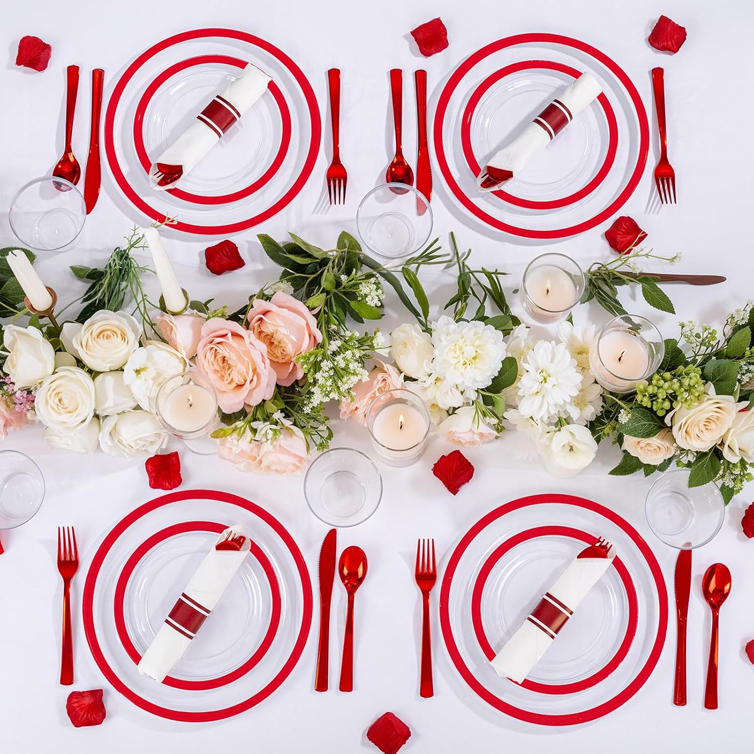 I00000 350 Pcs Clear Red Plastic Plates Set for Wedding Party