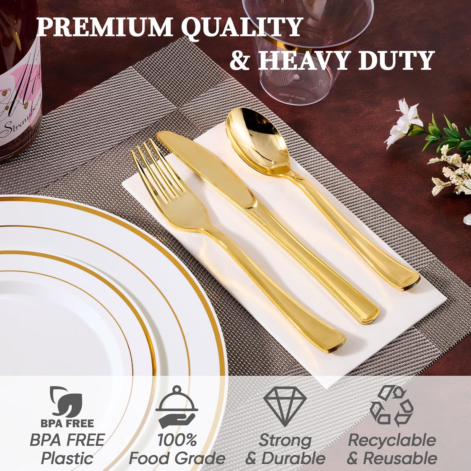 FOCUSLINE 600 Ct Gold Dinnerware Set for 100 Guests
