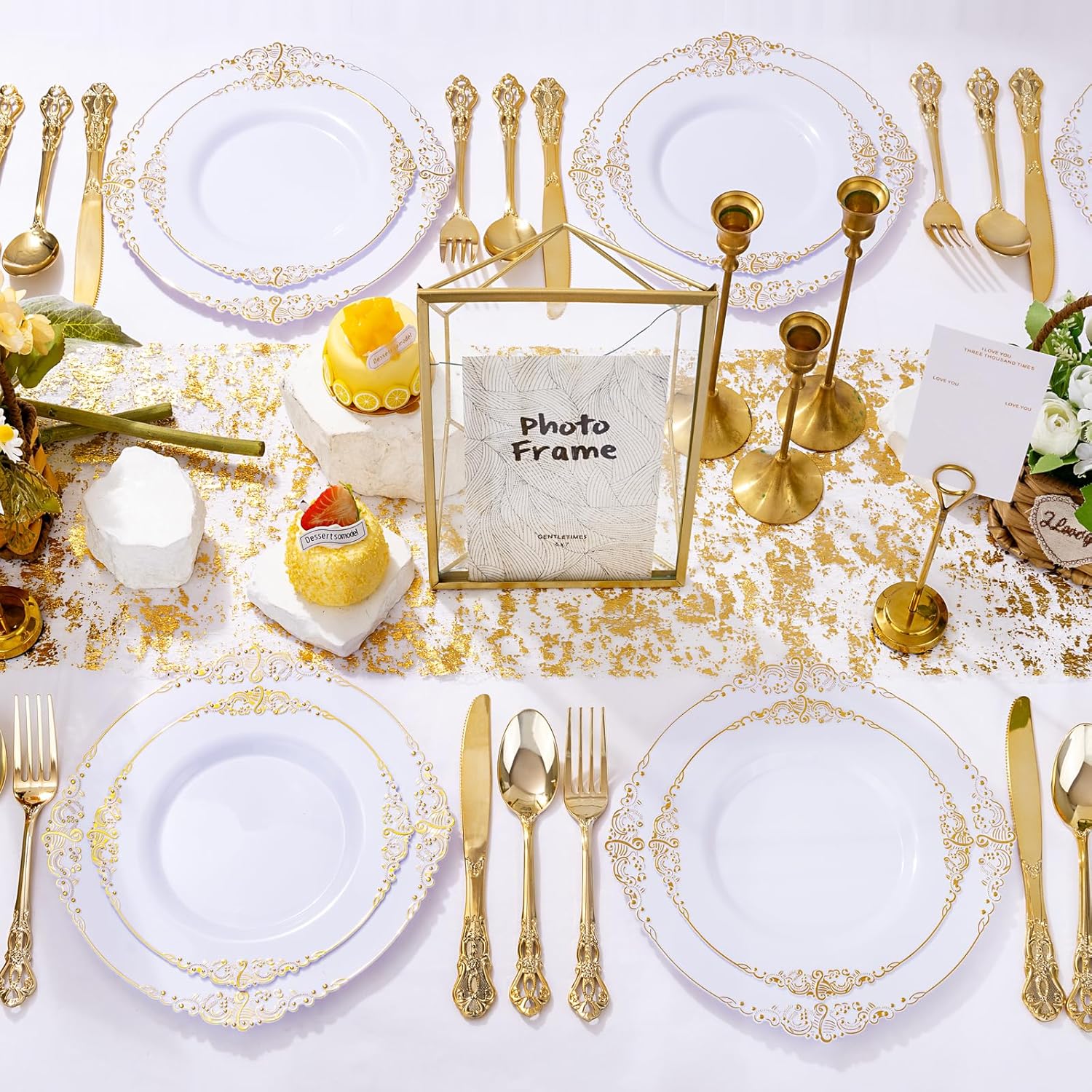102PCS White and Gold Plastic Plates for Weddings Parties