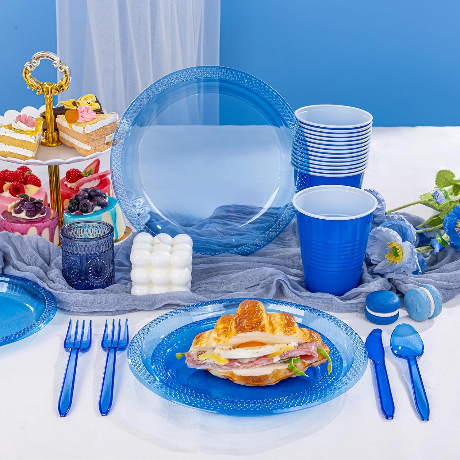 WELLIFE 210Pcs Clear Blue Plastic Plates Set for Party