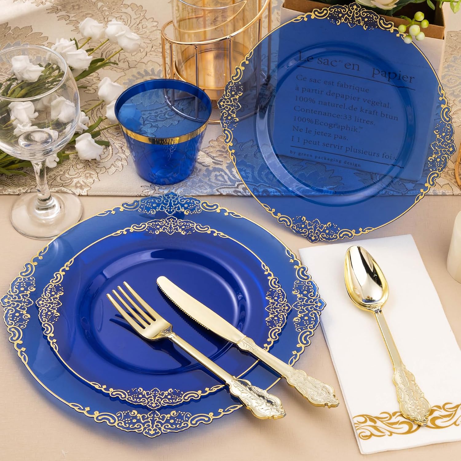 350PCS Clear Blue Plastic Plates with Gold Trim for 50 Guests