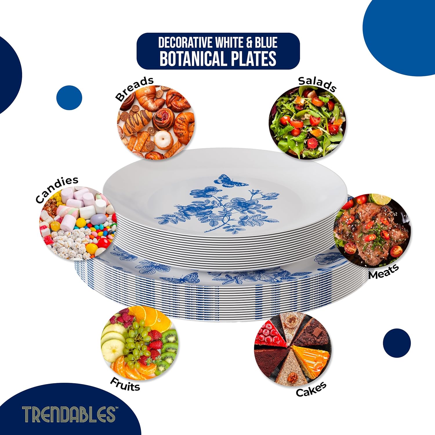 Trendables Blue Floral Plastic Plates 40 Pcs Set