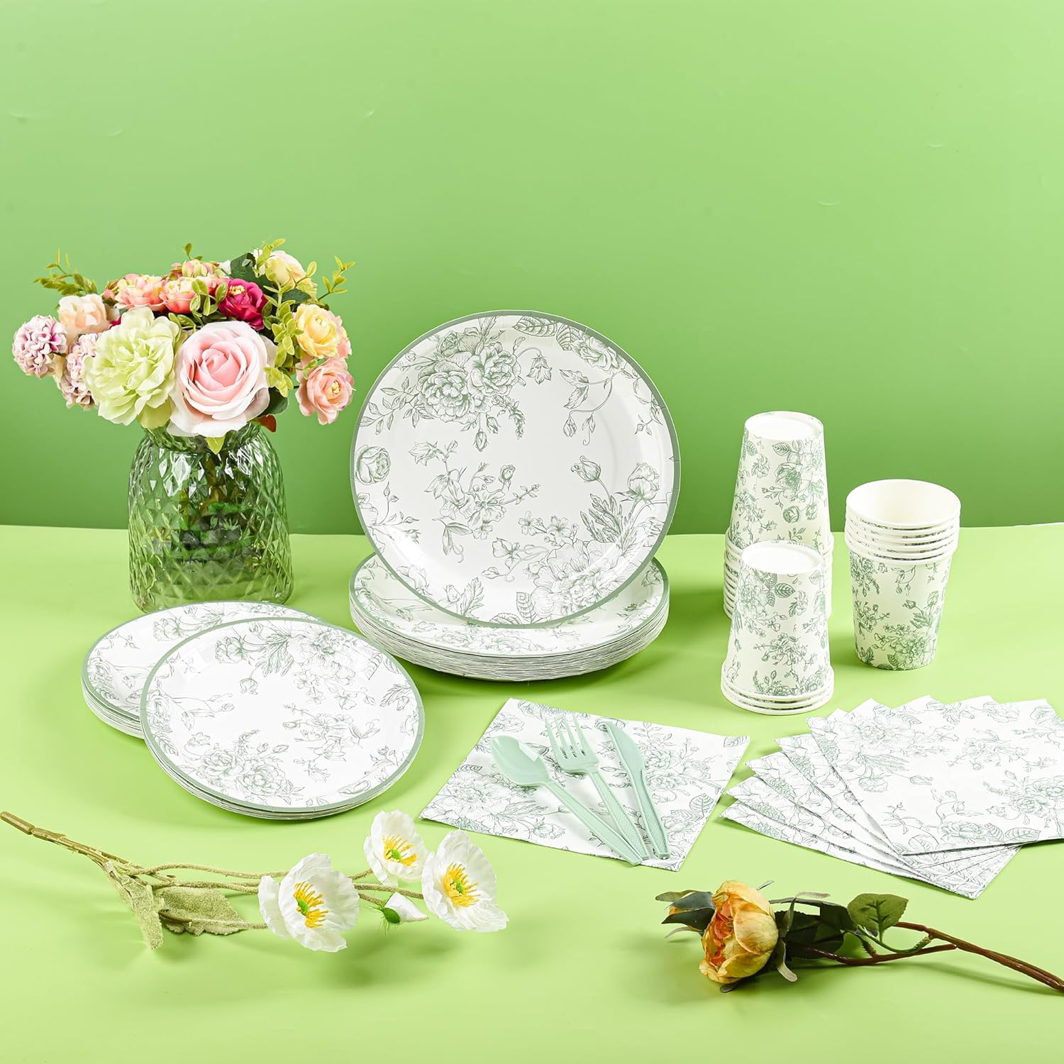 175Pcs Sage Green Floral Party Set Plates Napkins Cups Cutlery