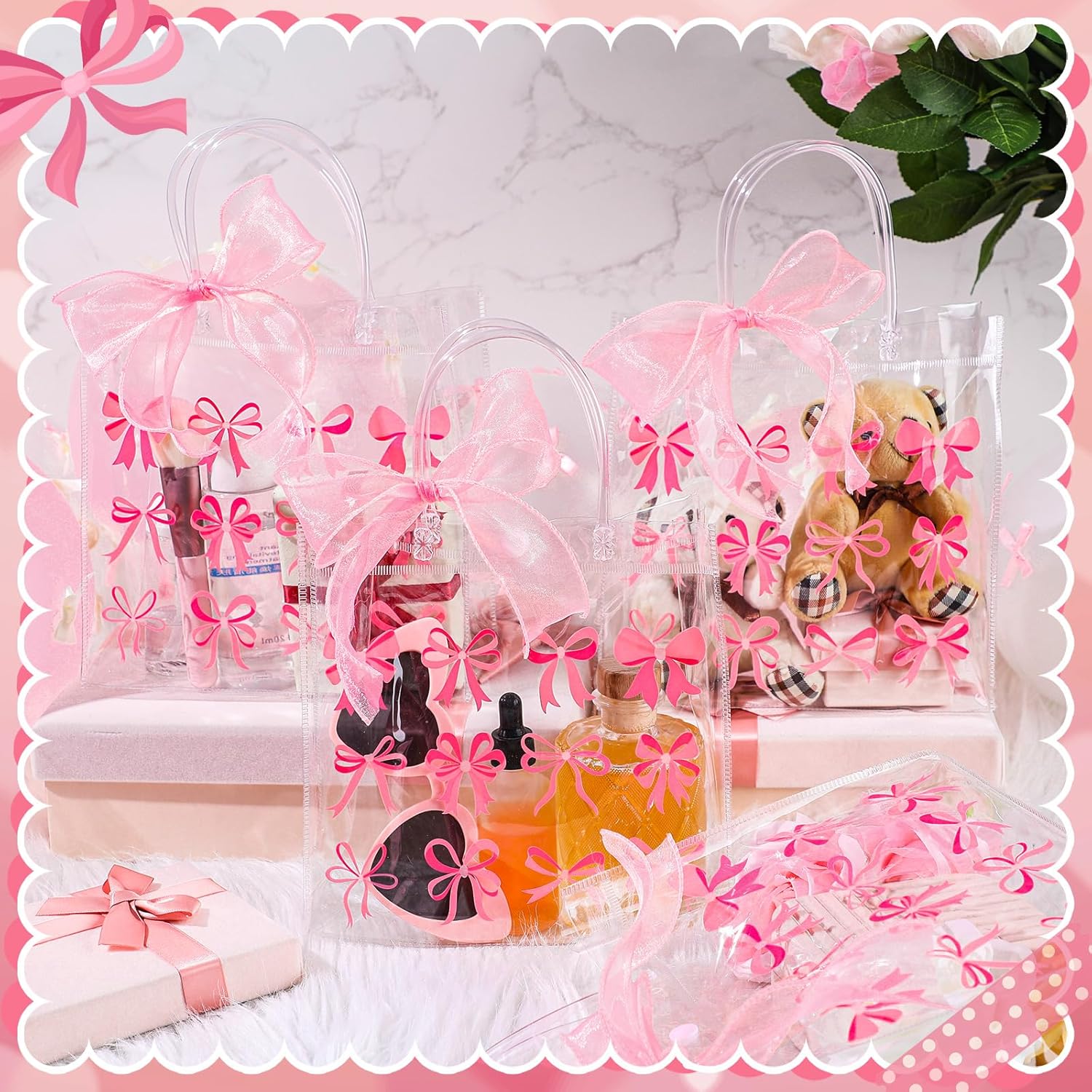 Kolldenn 24 Pcs Clear Gift Bags with Pink Bow Handles