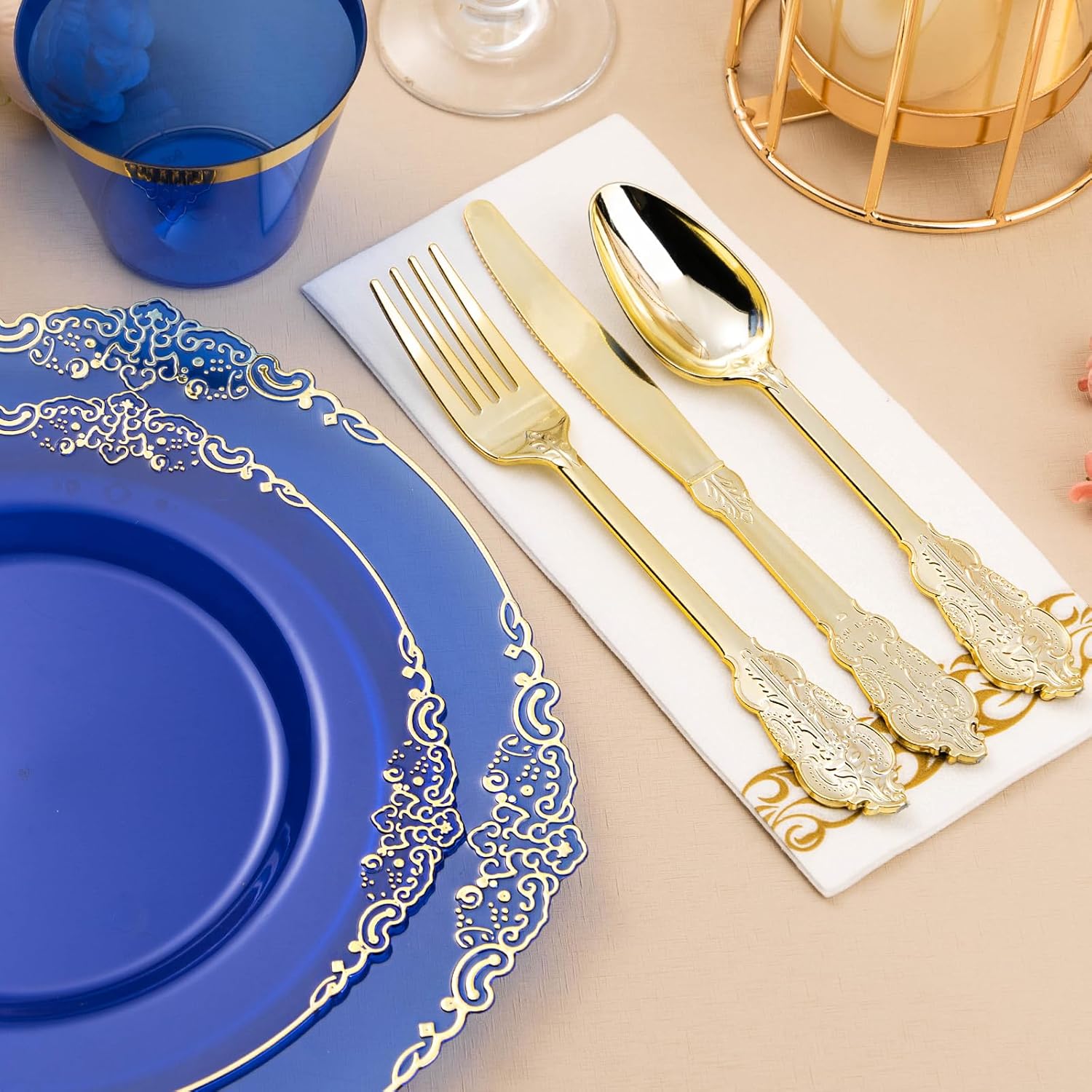 350PCS Clear Blue Plastic Plates with Gold Trim for 50 Guests