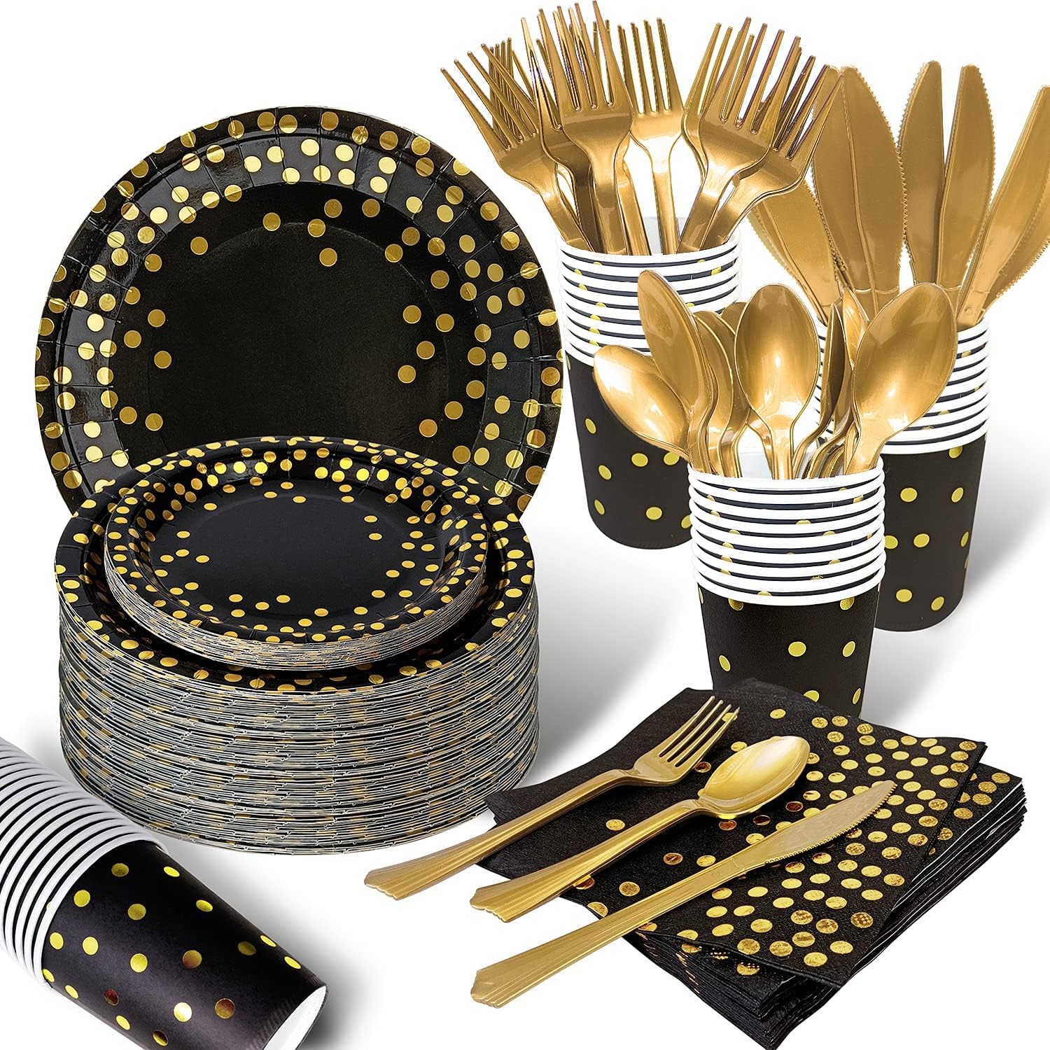 AIRE Black and Gold Paper Plates for 25 Guests Party Set