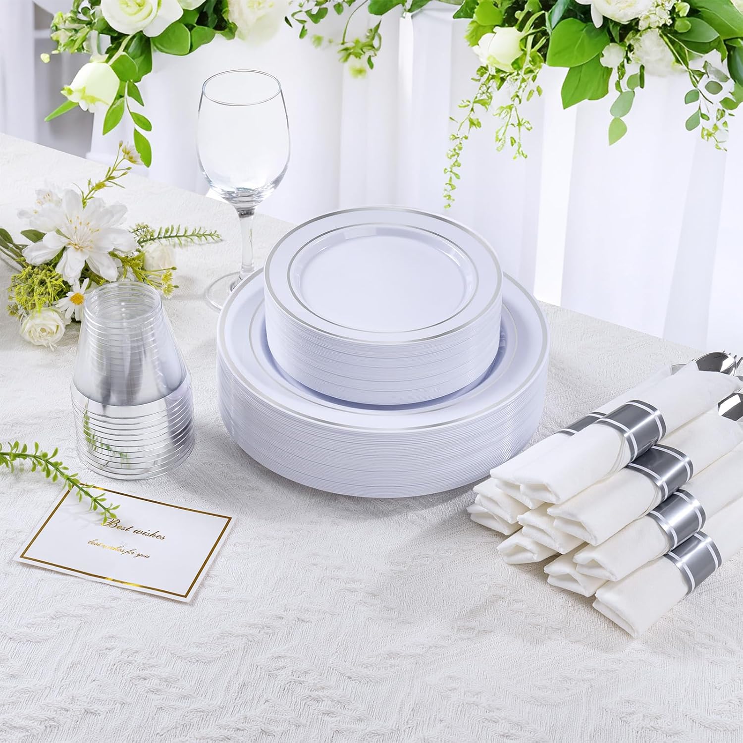 DaYammi 350PCS Silver Plastic Dinnerware Set for 50 Guests