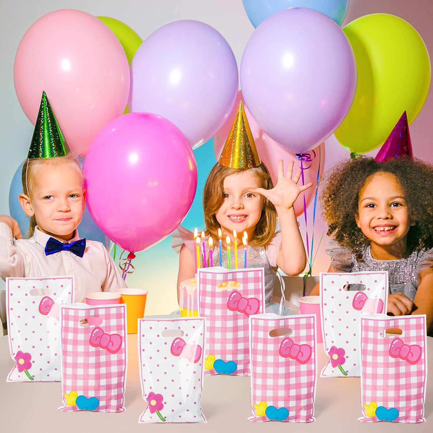50Pcs Pink Cat Party Favor Bags with Handles