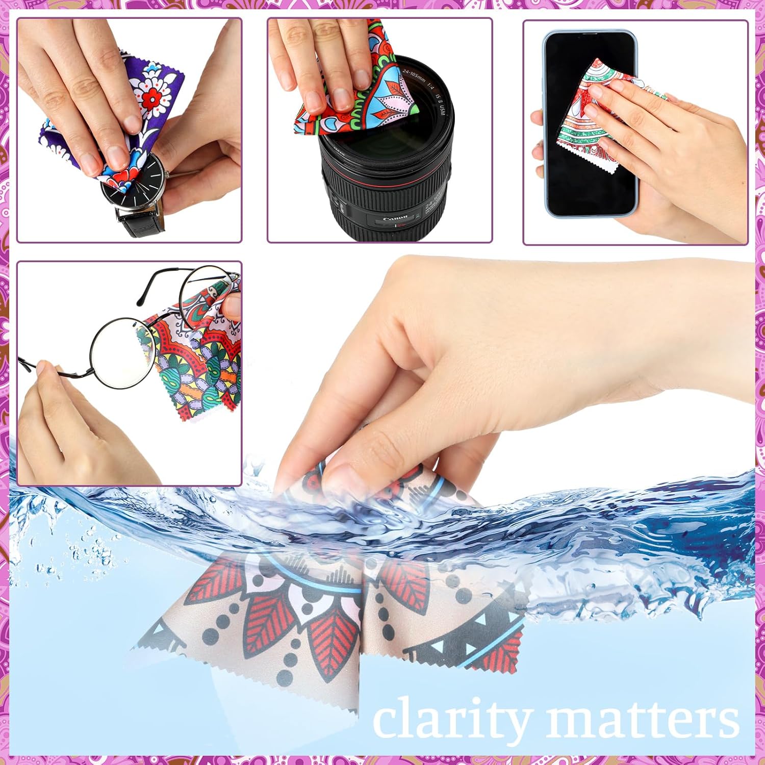 24 Pcs Mandala Microfiber Cleaning Cloths for Glasses