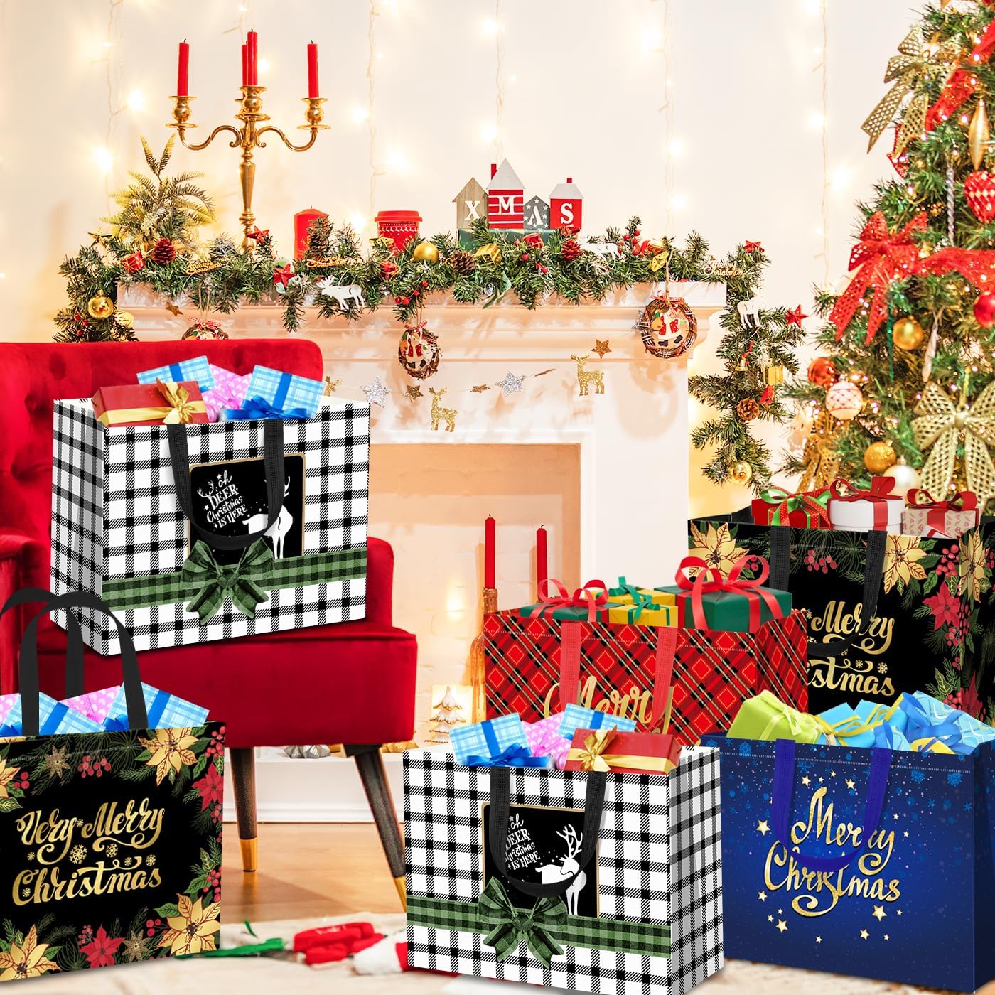 12 Pack Extra Large Christmas Gift Bags with Handles