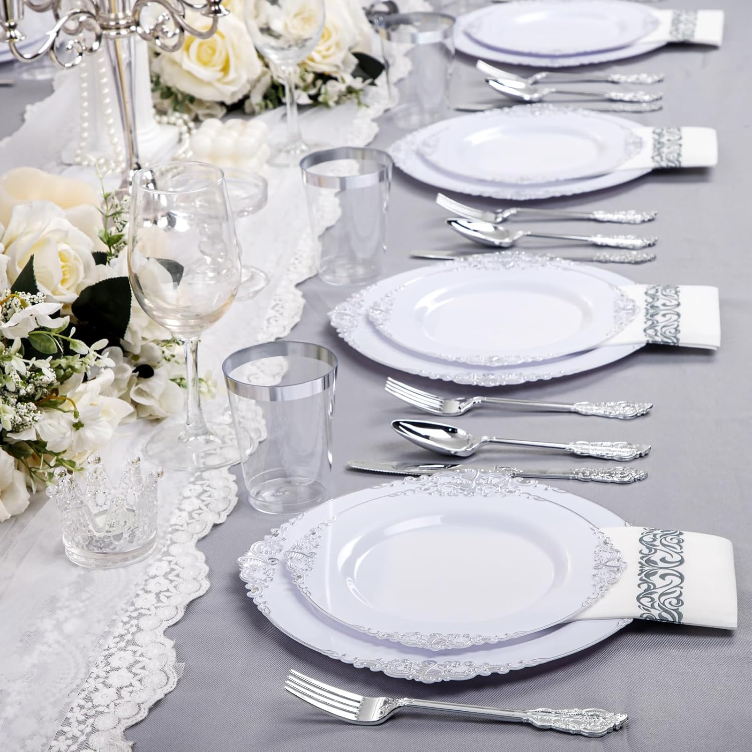 Nervure 350PCS Silver Plastic Dinnerware Set
