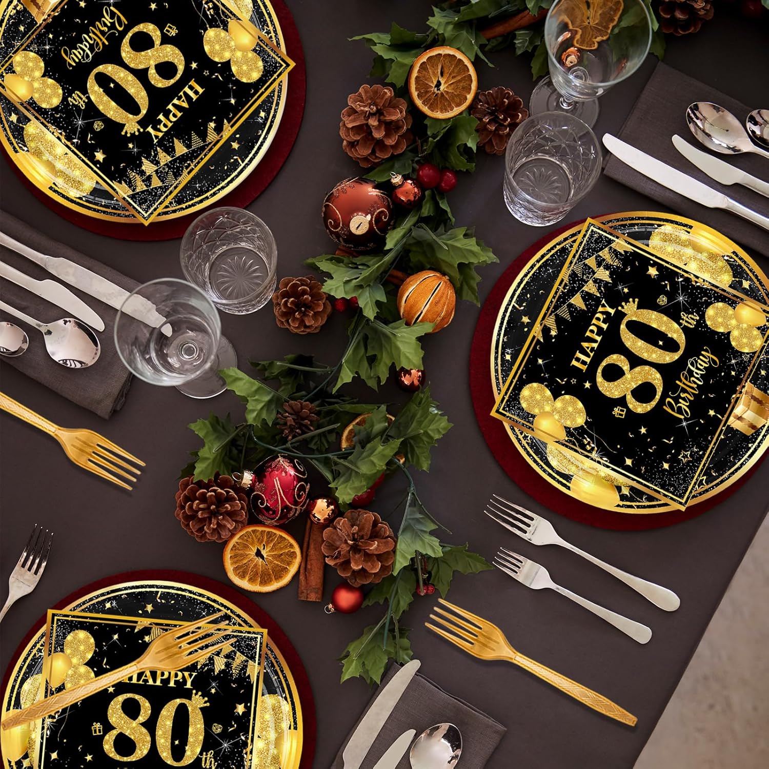 80th Birthday Paper Plates Napkins Forks 60pcs Set