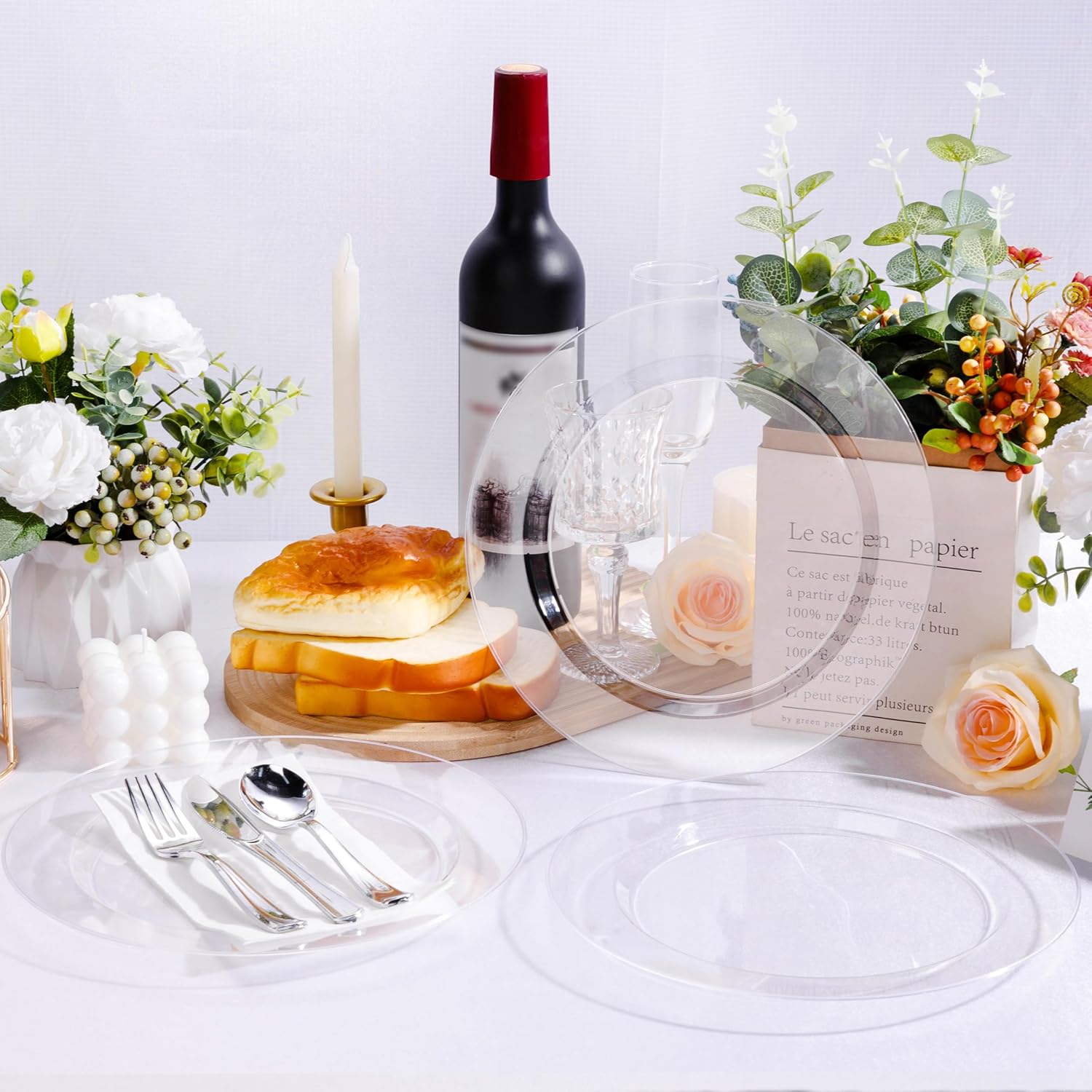 100PCS Clear Plastic Plates for 50 Guests Party Wedding Use