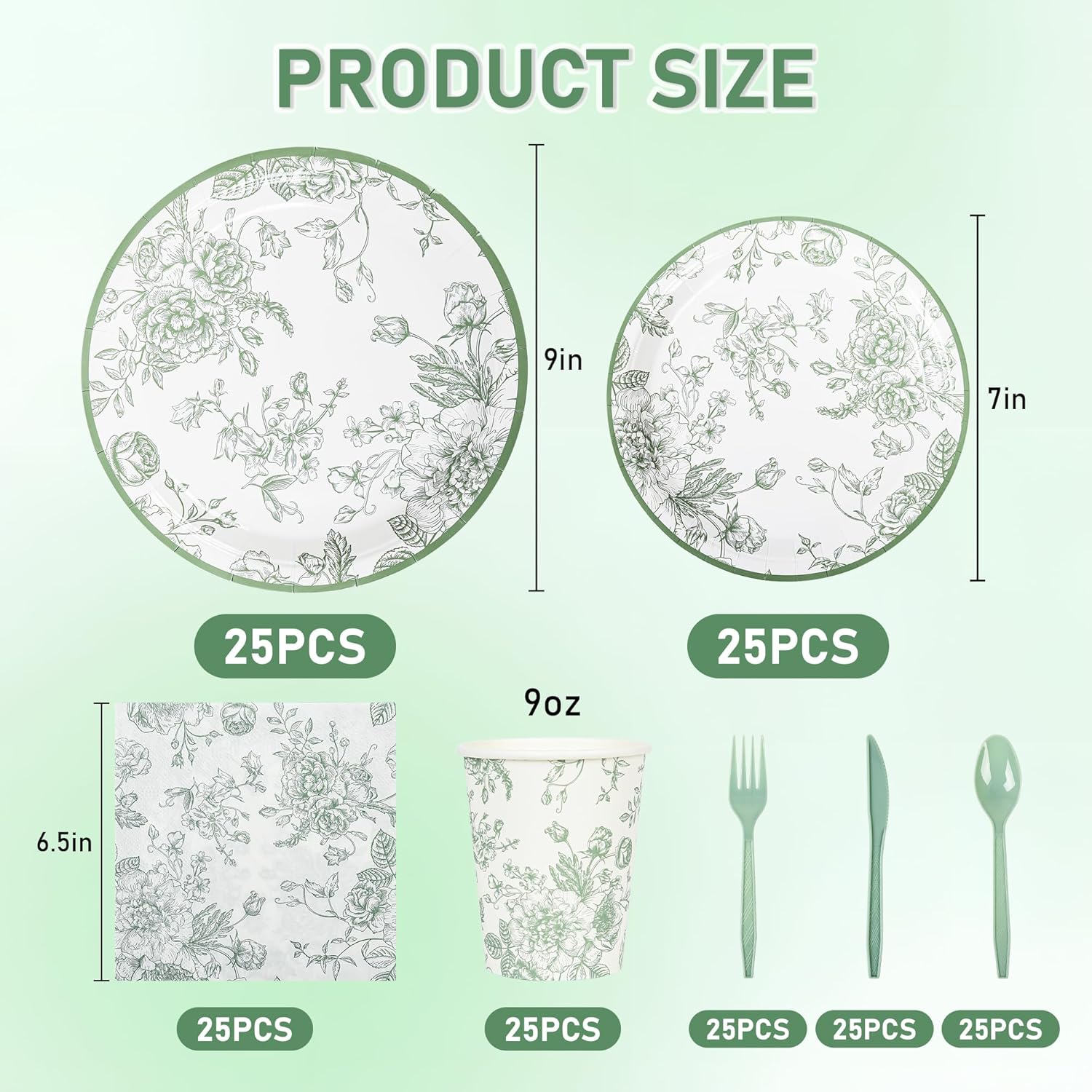 175Pcs Sage Green Floral Party Set Plates Napkins Cups Cutlery