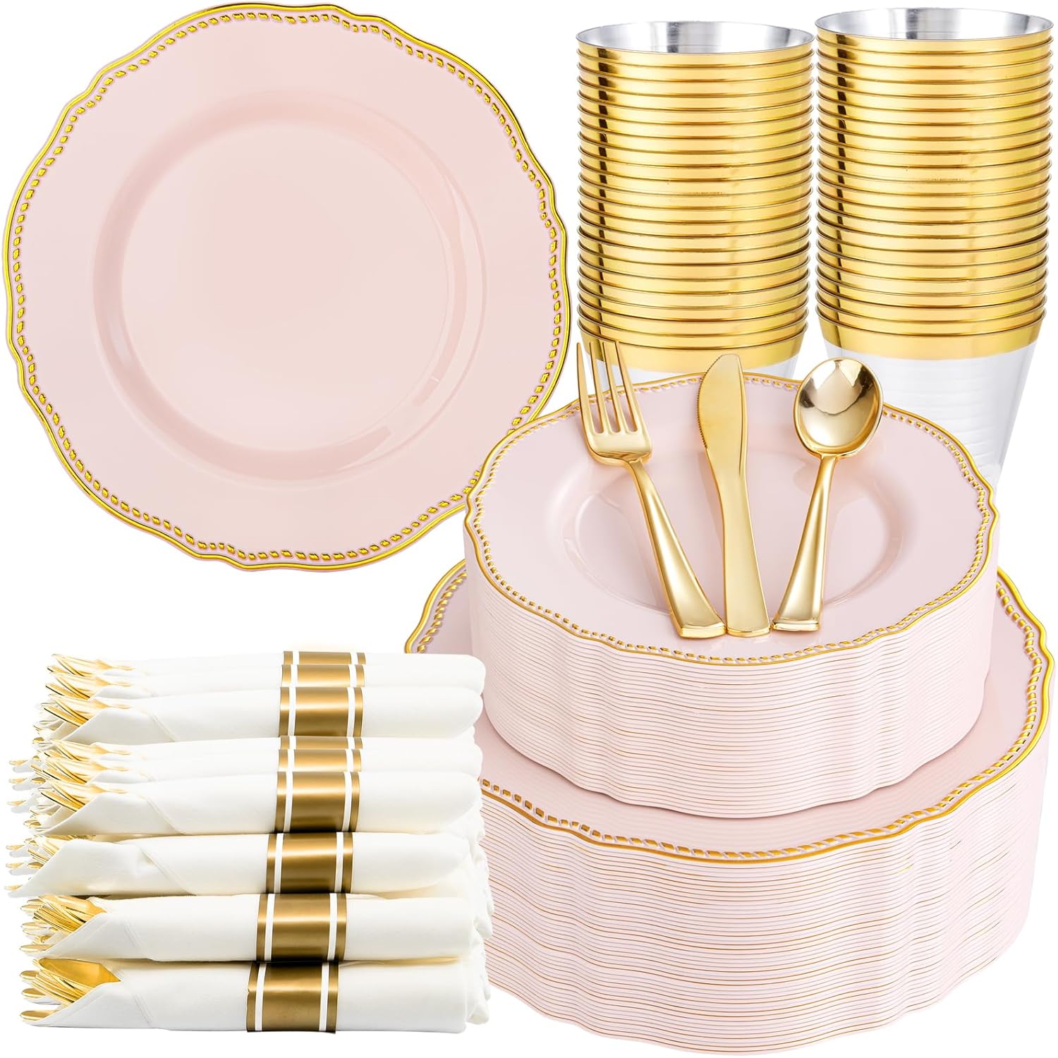 Hioasis 350pcs Pink Gold Plastic Plates Set