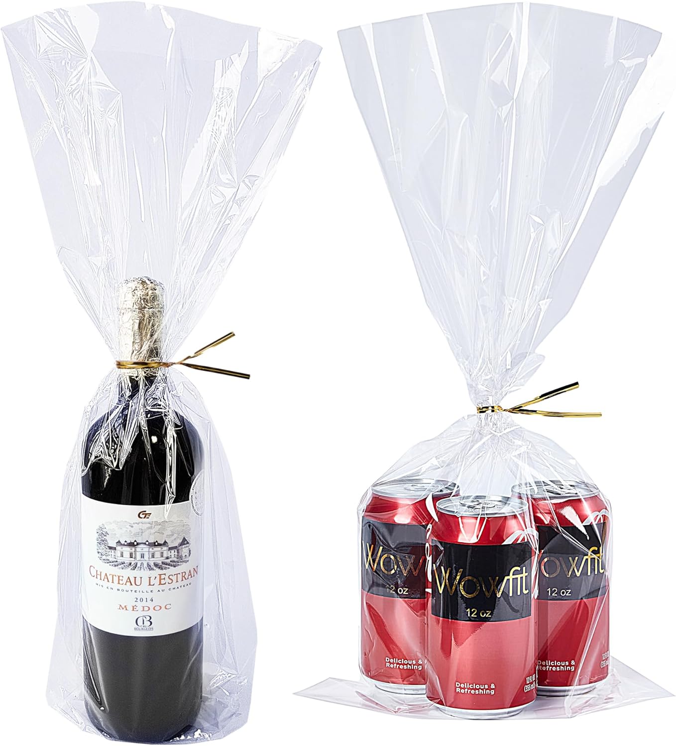 Wowfit 50 CT 9x20 Inch Clear Cellophane Bags with Gold Twist Ties
