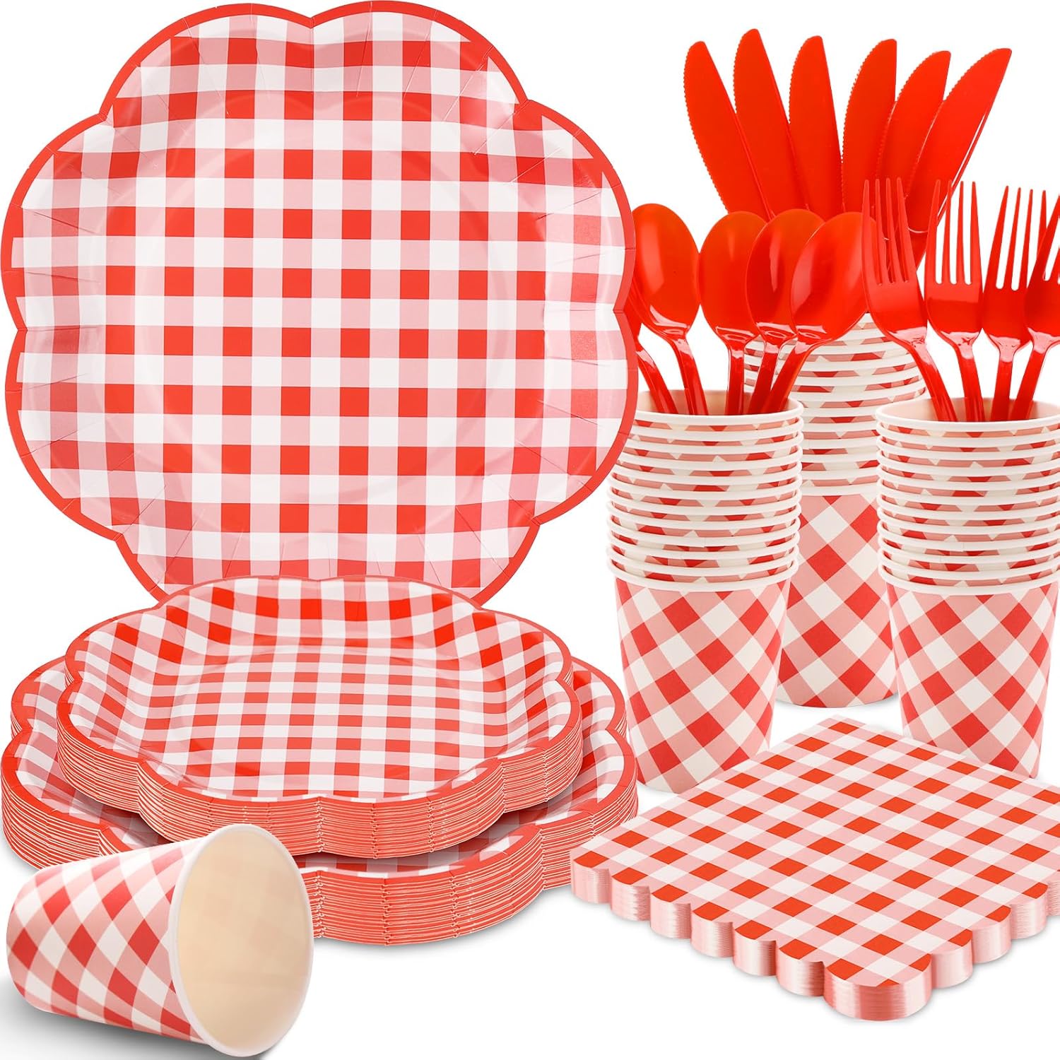 175 Pcs Red Gingham Plates Napkins Party Supplies Set