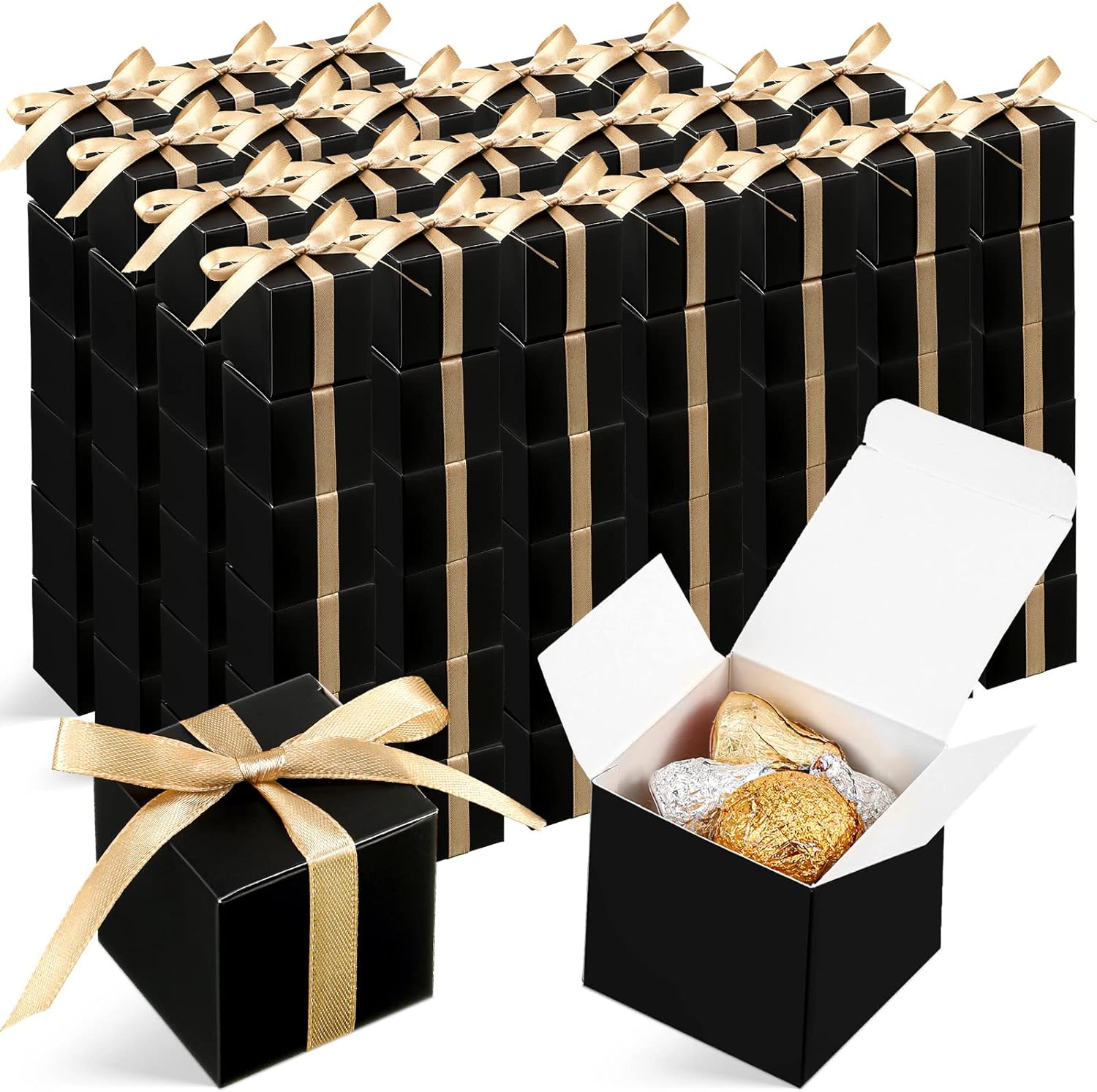 Jutom 100 Pcs Mini Favor Boxes Black Gold Ribbon Gift Wrapping