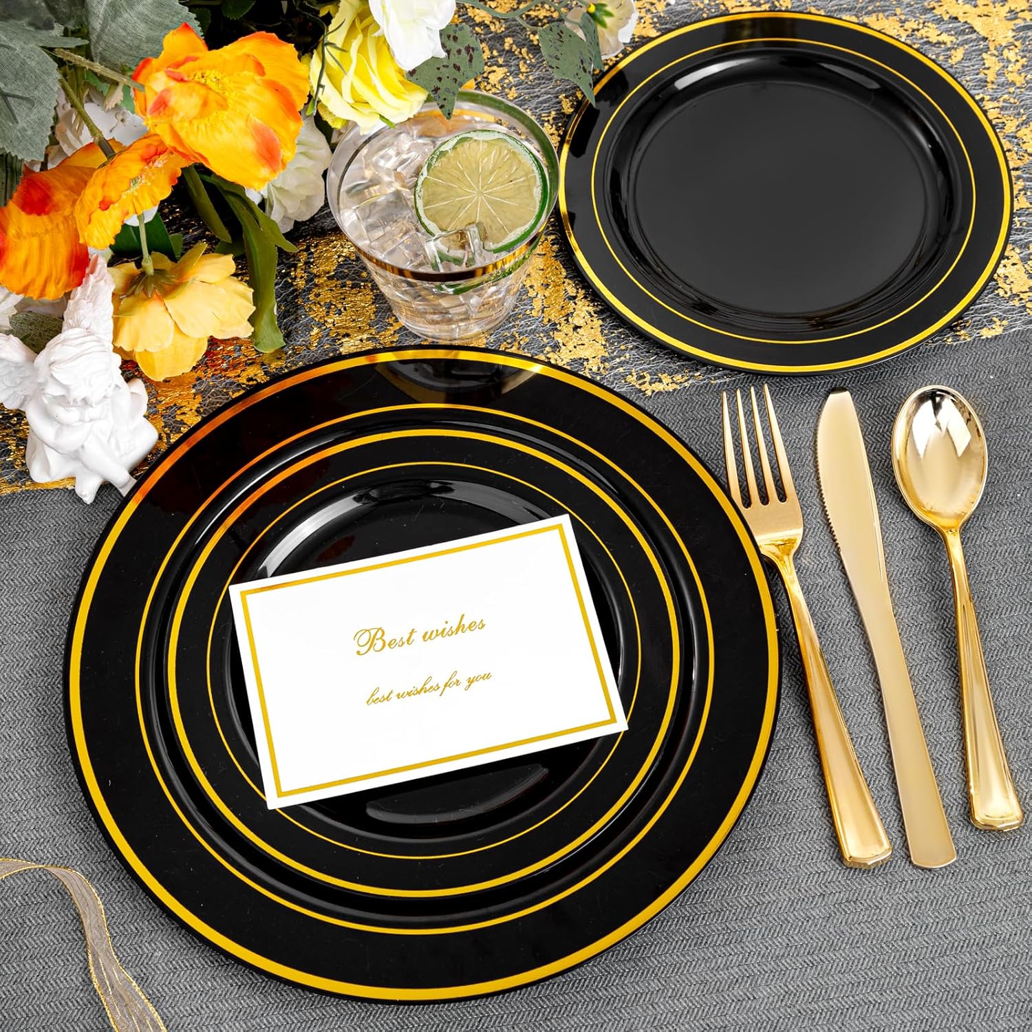 bUCLA 150 Piece Black and Gold Disposable Dinnerware Set for 25 Guests