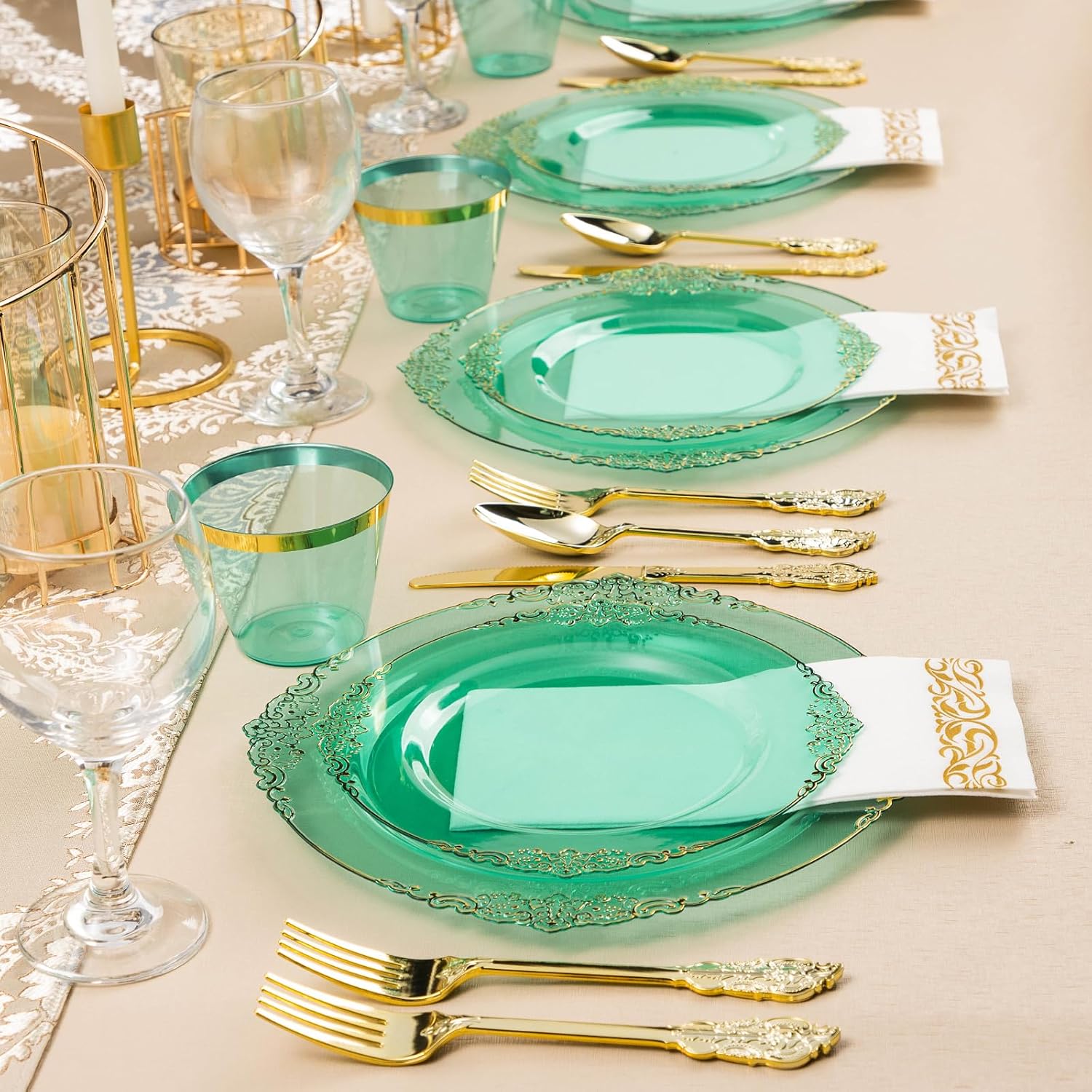 350PCS Clear Green Plastic Plates with Gold Trim for 50 Guests