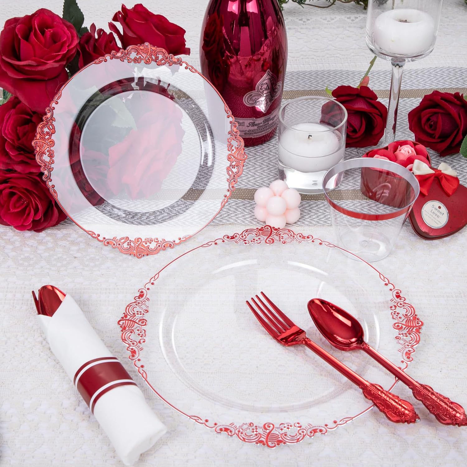 Hioasis 350pcs Clear Red Plates for 50 Guests