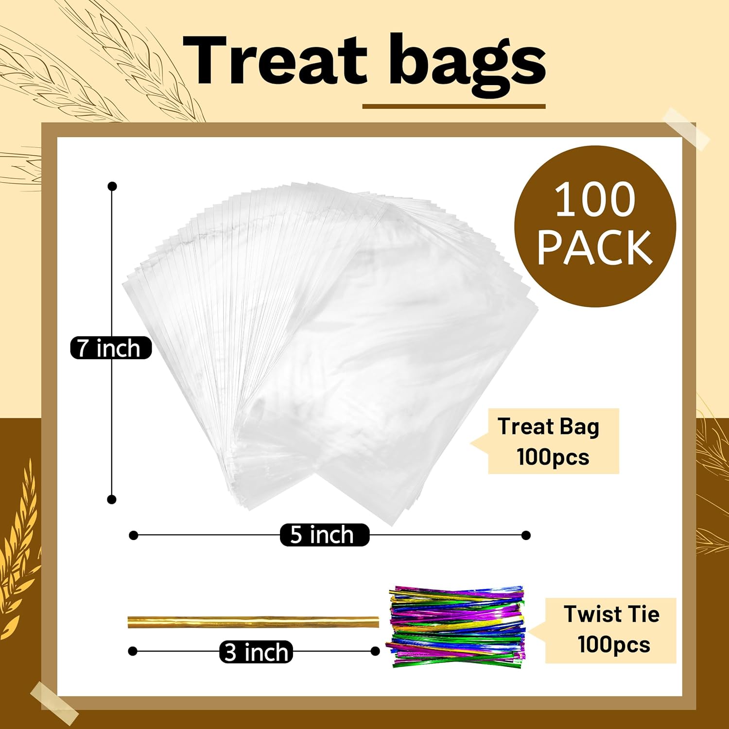 Clear Cellophane Bags with Twist Ties 5x7in 100 Pack