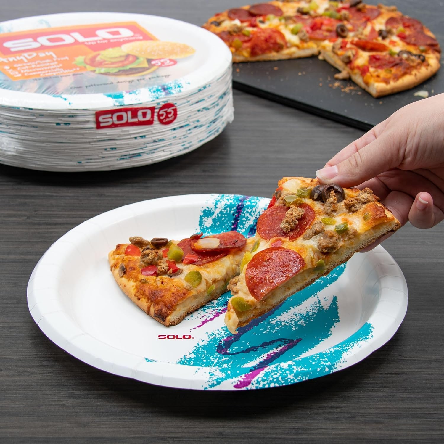 SOLO 10 Inch Large Paper Plates Pack of 55ct Jazz 90s Print