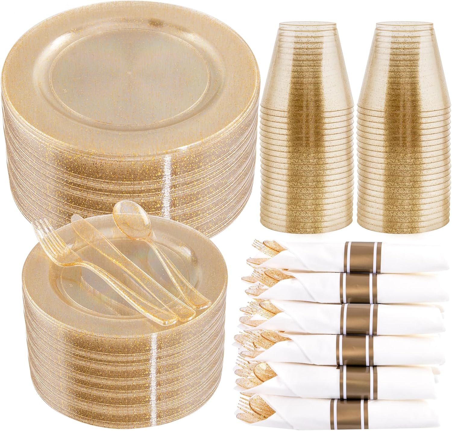 WELLIFE 210Pcs Gold Glitter Dinnerware Set for 30 Guests